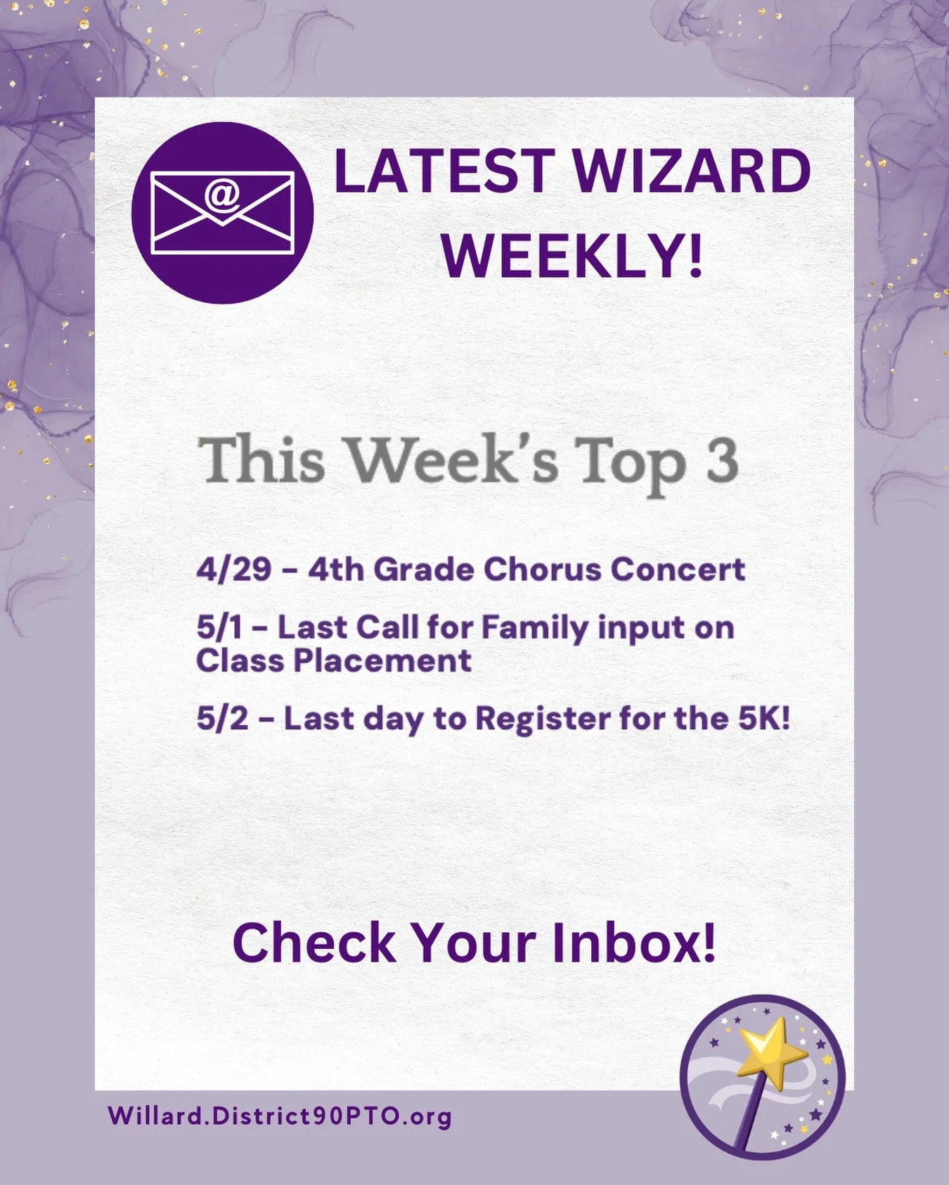 ICYMI: This week&rsquo;s #WizardWeekly has updates on some upcoming activities, 2026-27 enrollment, MAP testing, the Willard 5K and a coffee meet and greet with the new D90 Superintendent! Check your inbox or the Willard PTO website for the latest is