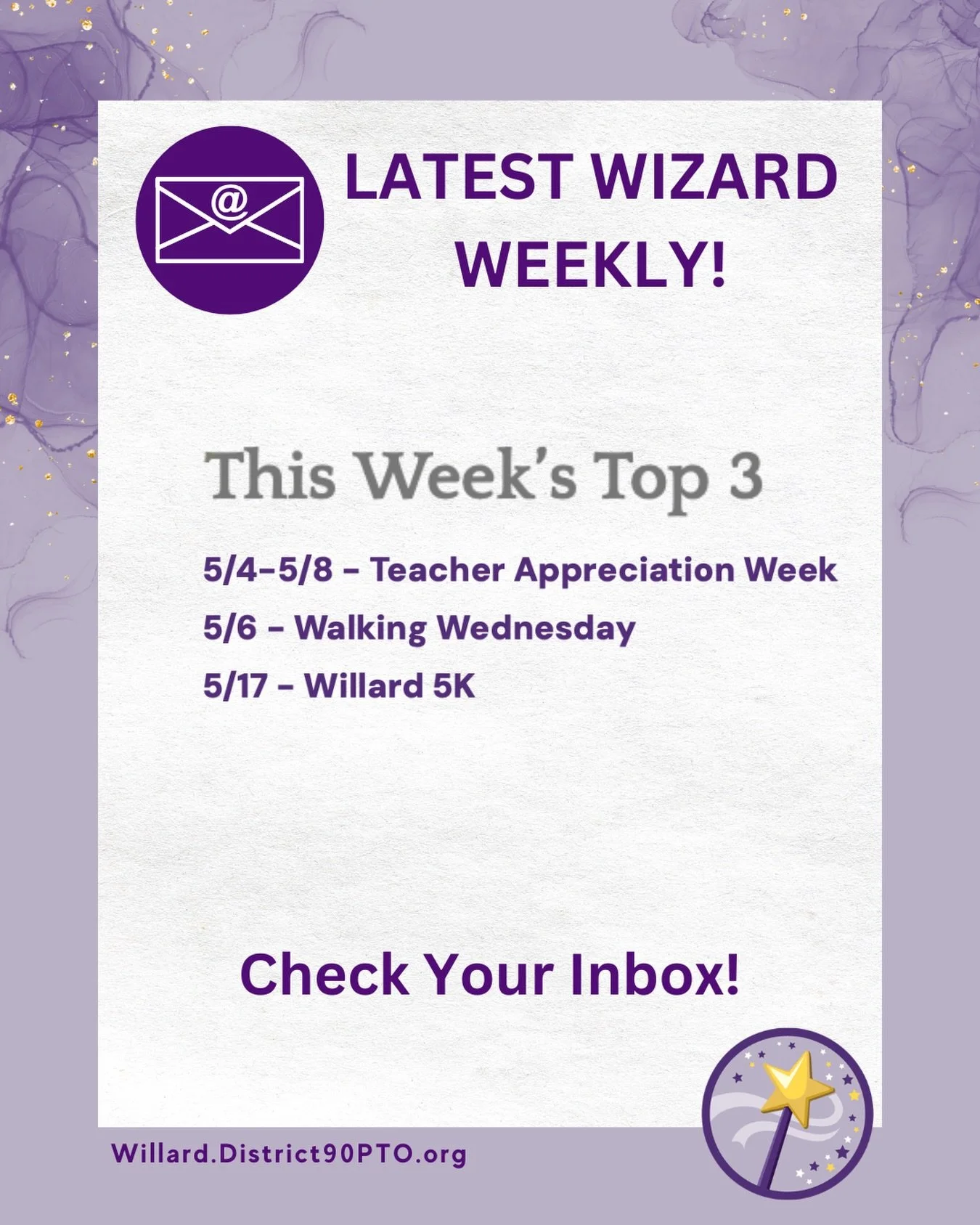 ICYMI: This week is Teacher Appreciation Week! Plus 2026-27 enrollment, Willard 5K, Walking Wednesdays and more! Be sure to check out the latest Wizard Weekly for more!