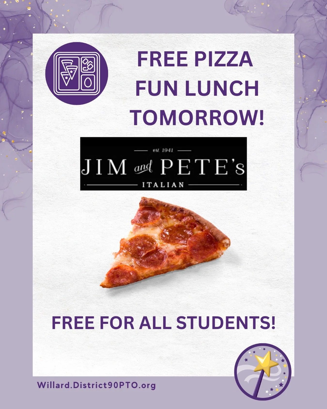 Don&rsquo;t forget - FREE PIZZA FOR EVERYONE TOMORROW! And if you&rsquo;d like to continue taking a break from packing lunches, be sure to order Fun Lunch by midnight tomorrow!