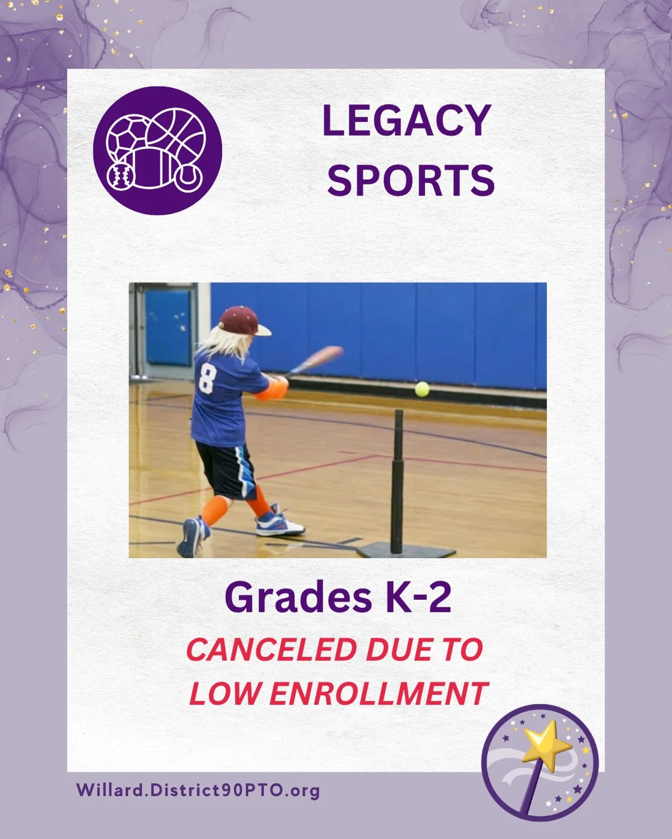 Unfortunately, the Legacy Sports K-2 class scheduled to start tomorrow has been cancelled due to low enrollment. There are still openings for Coach Tom Basketball on Mondays and Tuesdays for Grades 1-4, and Magic for Grades 1-4 on Mondays, and Runnin