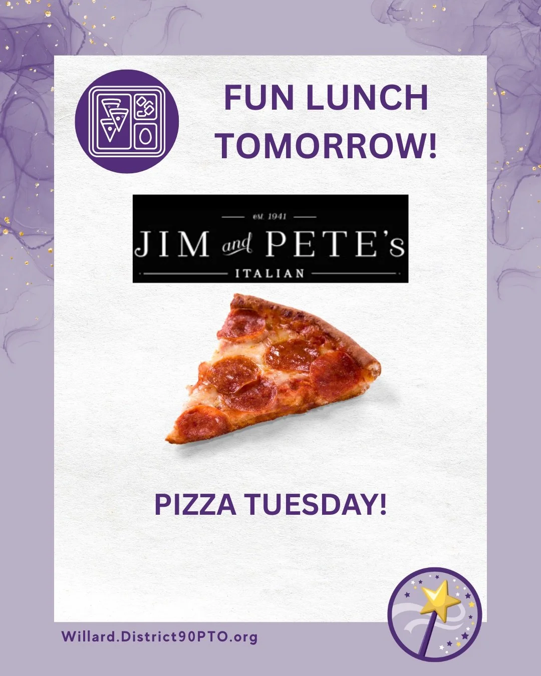 REMINDER: Tomorrow is Pizza Tuesday! Thank you to our volunteers for the day for serving the pizza!