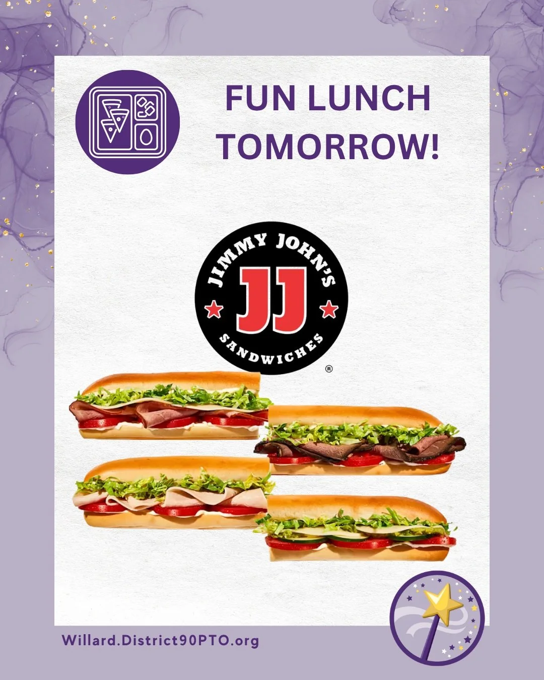 REMINDER: Tomorrow's Fun Lunch is from Jimmy Johns! Thank you to our volunteers.