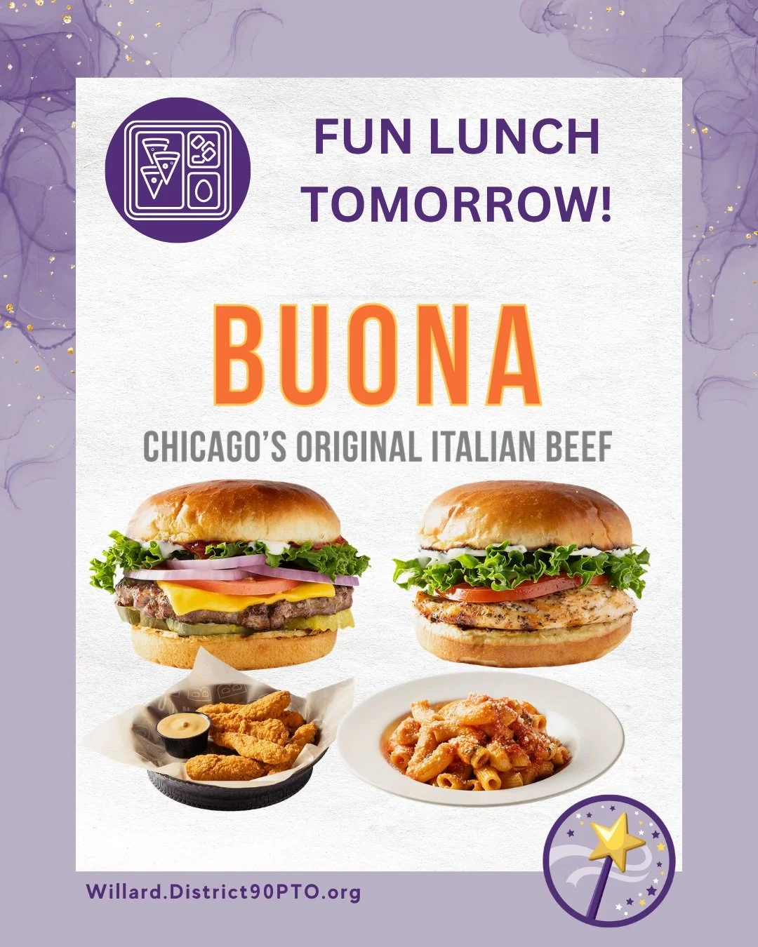 REMINDER: Tomorrow's Fun Lunch is Buona Beef! No more packing lunches this week. You've got this! Thank you to all of our volunteers.