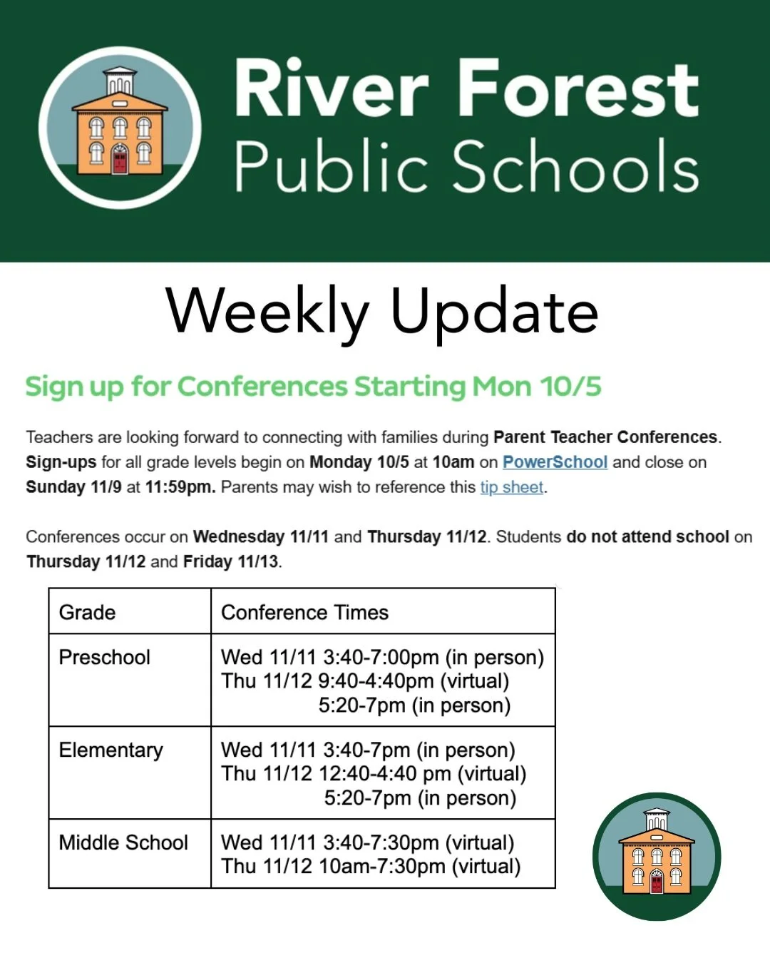 REMINDER: Parent-Teacher Conference sign-ups are now open!

Willard families can sign up through PowerSchool for November conferences. Sign-ups close Sunday, November 9 at 11:59 PM