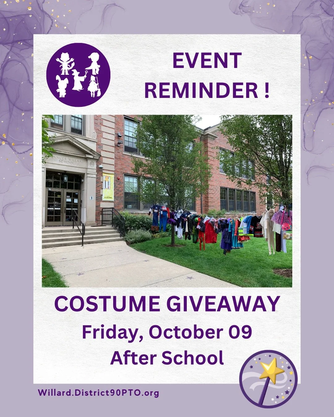 👻🧙&zwj;♀️The G4G Costume Giveaway is happening TODAY after school! 👻🧙&zwj;♀️

Looking for a Halloween costume? Stop by after school and see what new-to-you treasures you can find! 

📅 Today, Friday, October 9
📍 Willard Elementary &mdash; After 