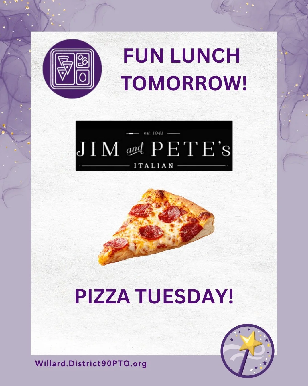 🍕 Tomorrow is Pizza Tuesday, Wizards! 💜

A little Monday reminder that tomorrow&rsquo;s Fun Lunch is serving up a slice of happiness! 🍕✨

Parents, if your Wizard is signed up for Fun Lunch, you can leave the lunch packing to us tomorrow!

Thank yo