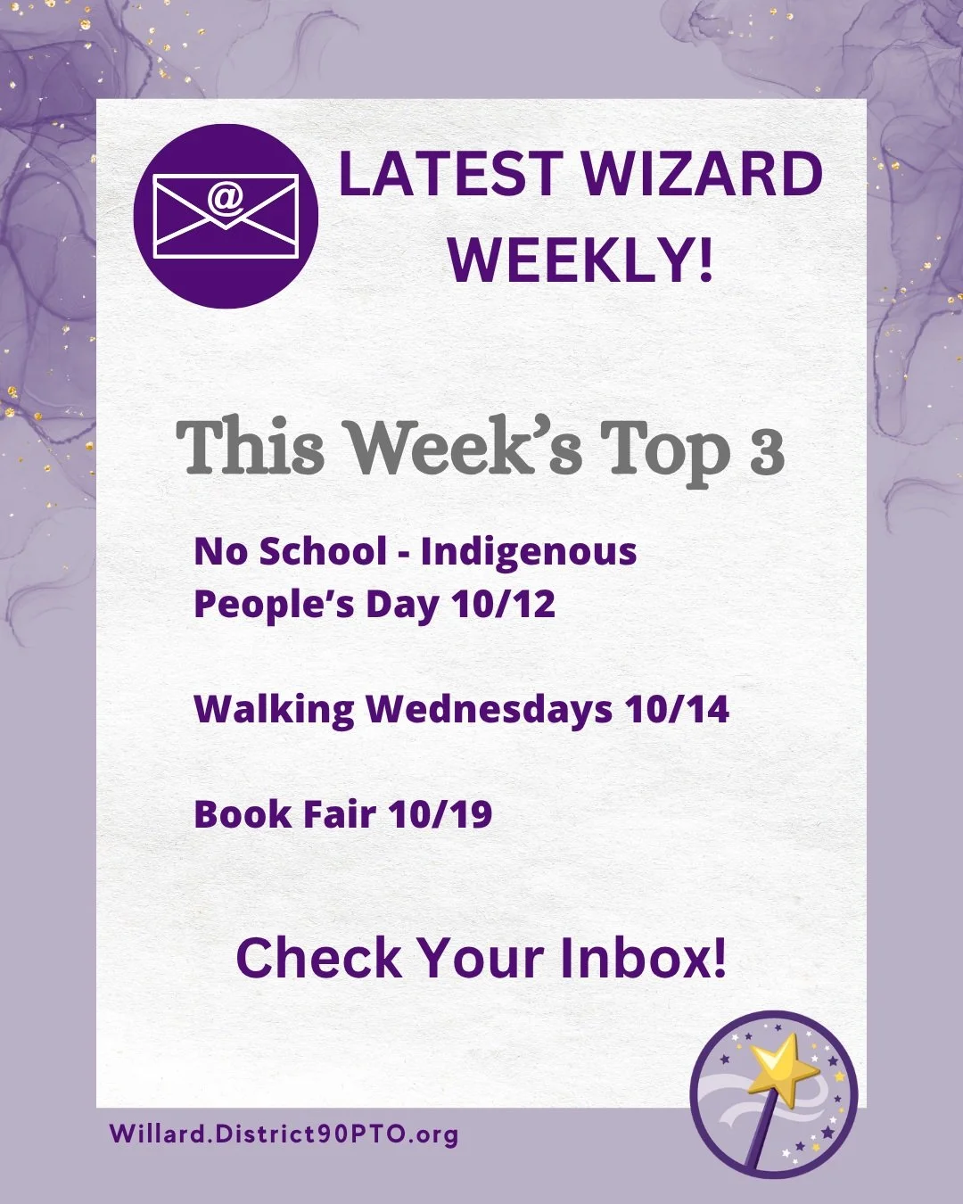 🧙&zwj;♂️✨ What's happening at Willard this week?

Our Wizard Weekly Top 3 is here! 📅 But there's even more happening behind the scenes!

🚶 Walking Wednesdays are back! Join the fun at 8 AM!

📚 Calling all book lovers! The Fall Book Fair kicks off