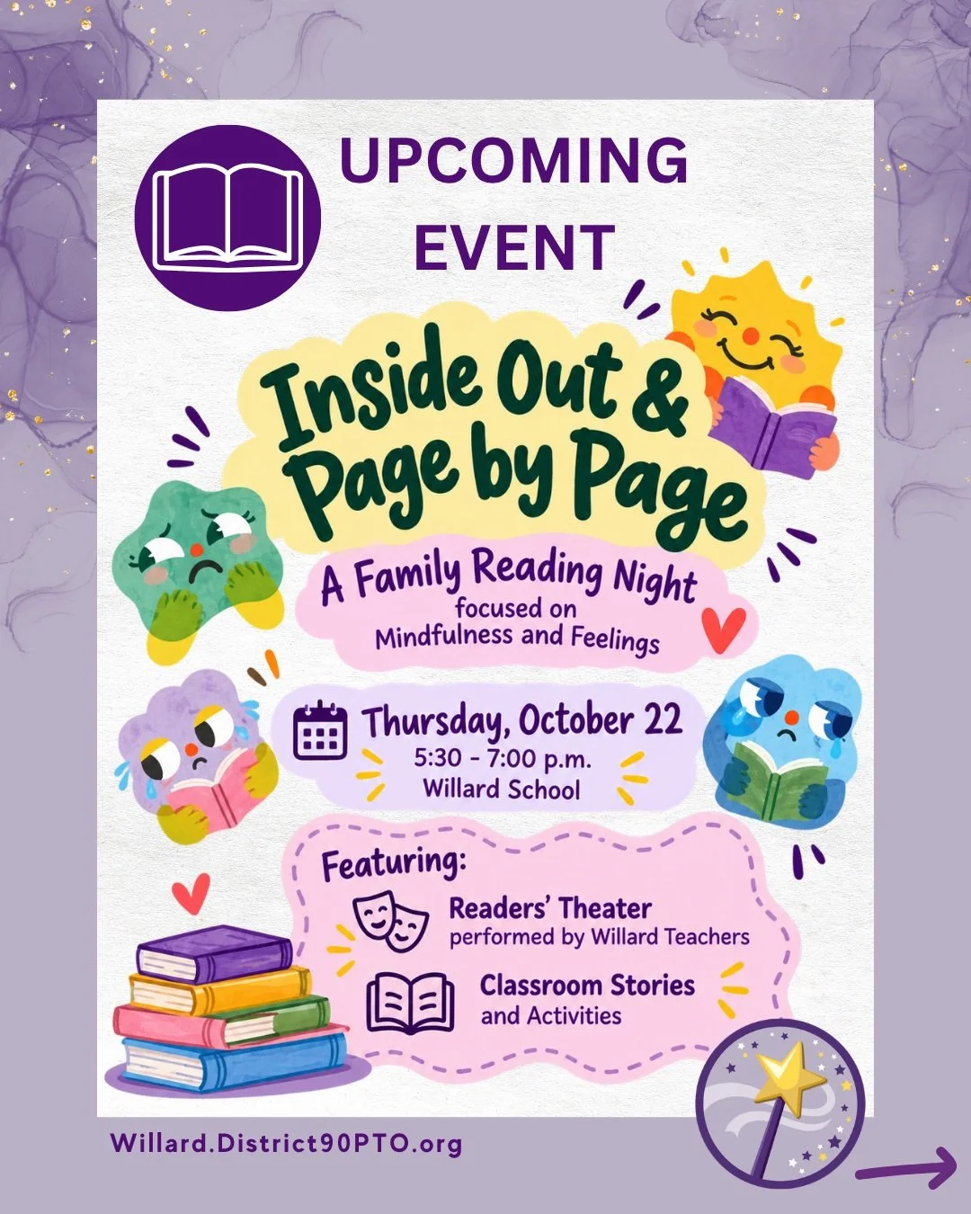 Mark your calendars, Willard families! Our upcoming Family Reading Night is inspired by Disney Pixar&rsquo;s Inside Out, and we can't wait to share an evening of stories, creativity, and connection with you!

📅 Thursday, October 22
⏰ 5:30 PM
📍 Will