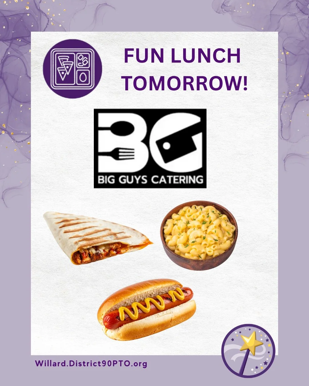 🍽️💜 Friday just got a whole lot tastier, Wizards!

Tomorrow&rsquo;s Fun Lunch is brought to us by Big Guy Catering! 😋✨

Parents, if your Wizard is signed up for Fun Lunch, you can cross one more lunch off your to-do list!

And a BIG shoutout to ou