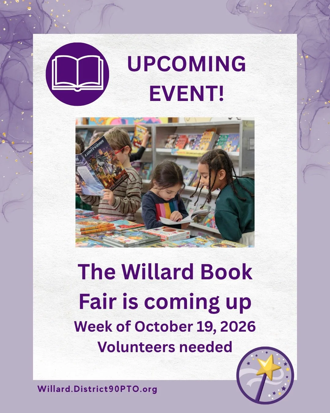 The Willard Book Fair is coming the week of October 19! 📔

Every book purchased helps support our Willard library and brings more stories into the hands of our students. 📖

🙋&zwj;♀️ Want to lend a hand? We're looking for volunteers to help make th