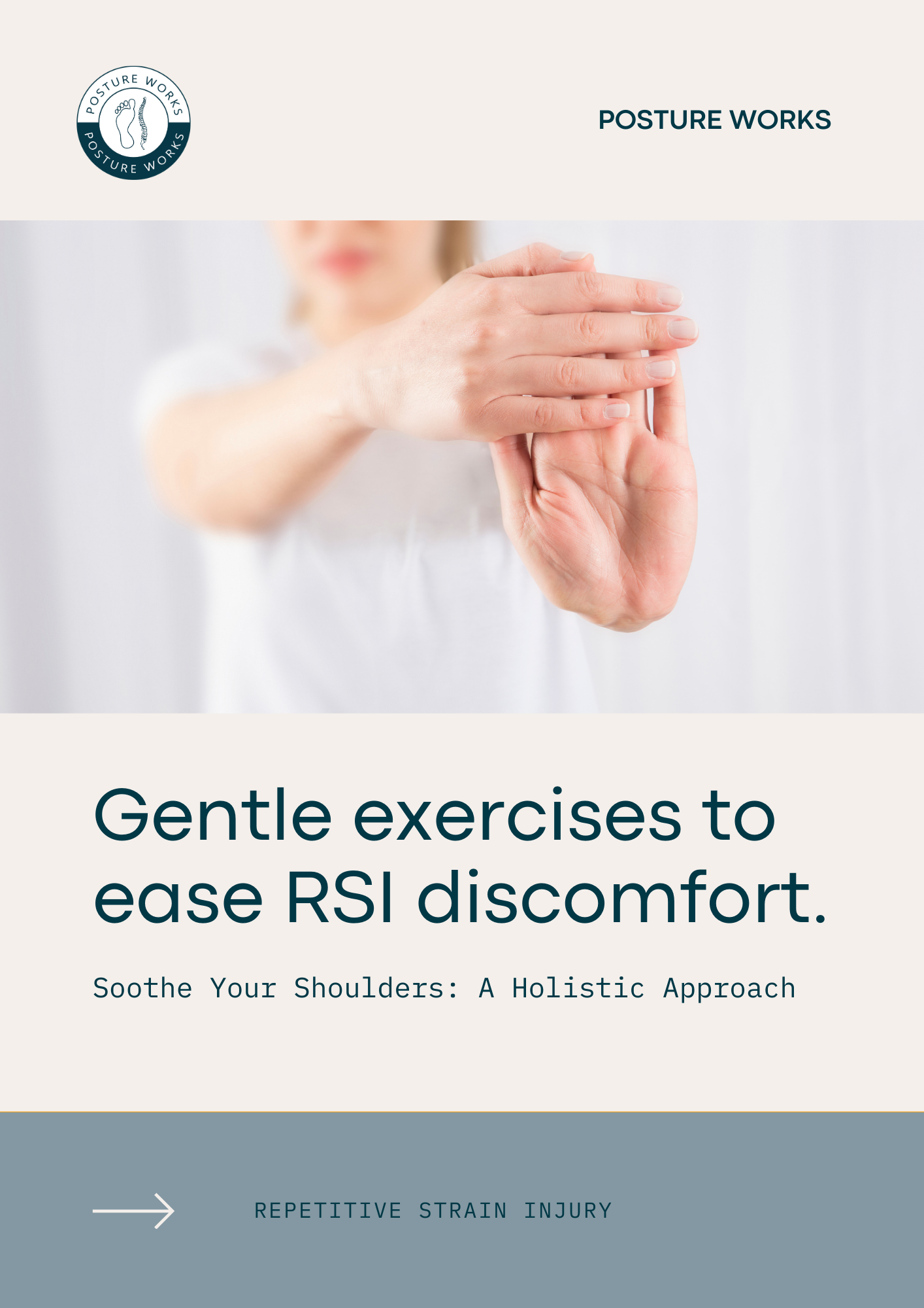 Cover page of a wellness guide featuring a woman doing shoulder exercises, with the title 'Gentle exercises to ease RSI discomfort' and additional text about shoulder health.
