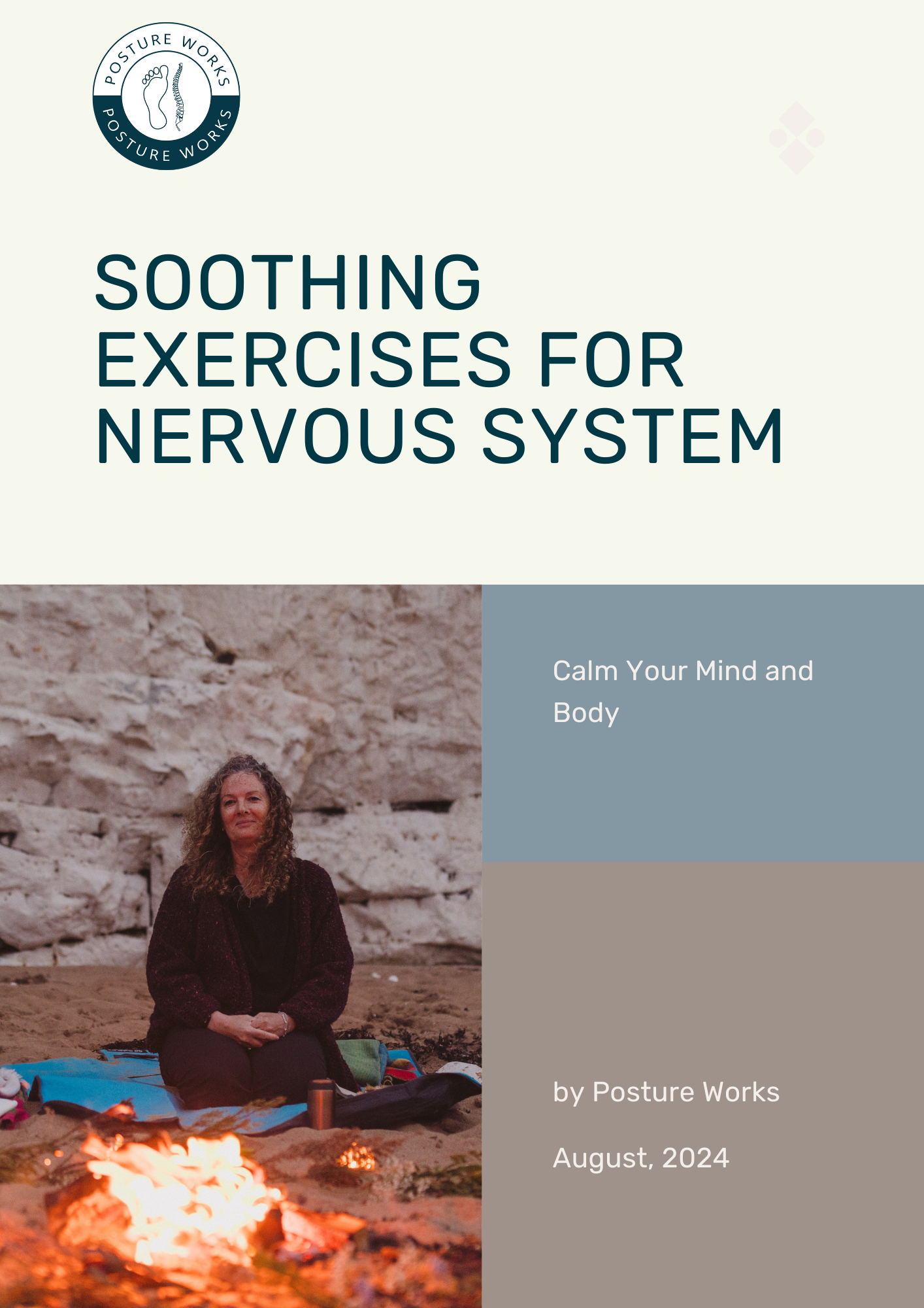 Cover page of a booklet titled "Soothing Exercises for Nervous System" with a woman sitting by a campfire on a rocky beach, releasing calming vibes for mental and physical relaxation.