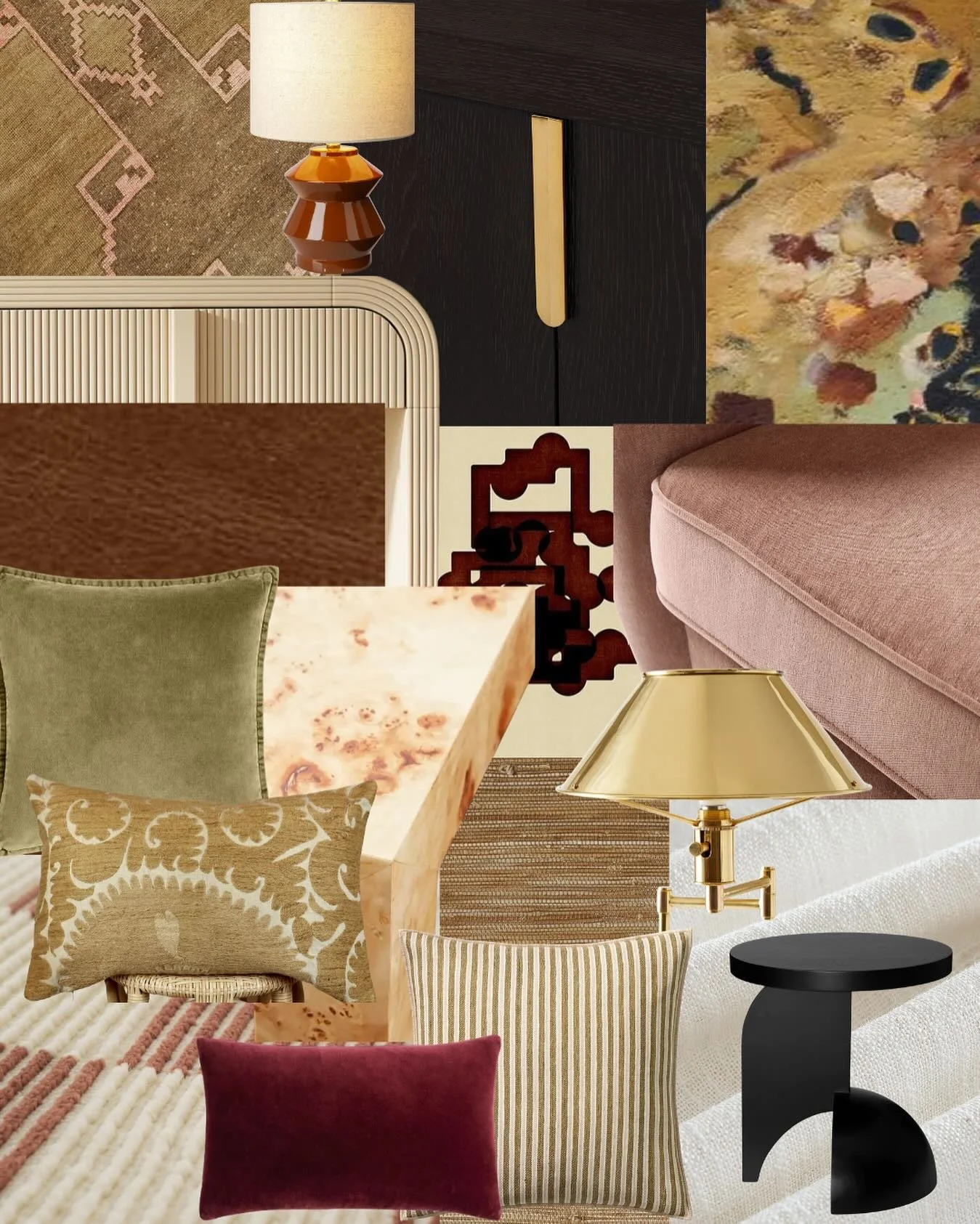 Detail moodboard for my most recent living room design! My clients moved from a gray, open-concept space to a new Victorian-style home and they&rsquo;re excited to lean into the coziness. Warm earth tones + cozy velvets + architectural accents, it is