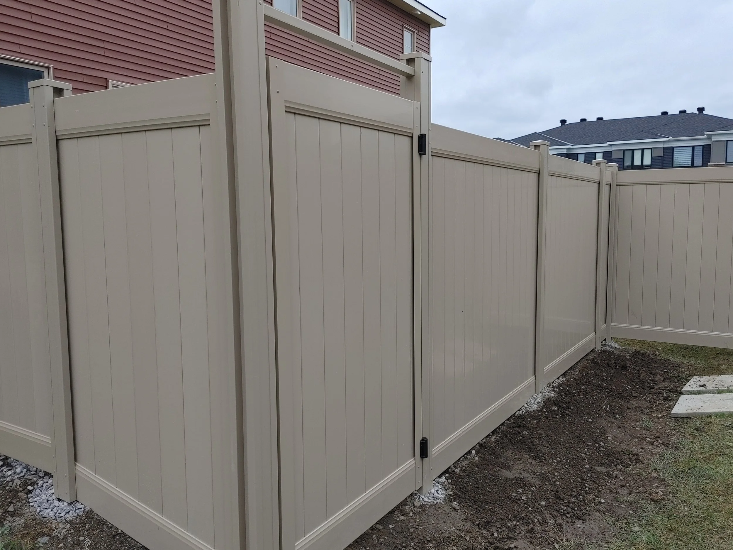PVC Vinyl Fence with Gate, Vertical Boards, Adobe Color