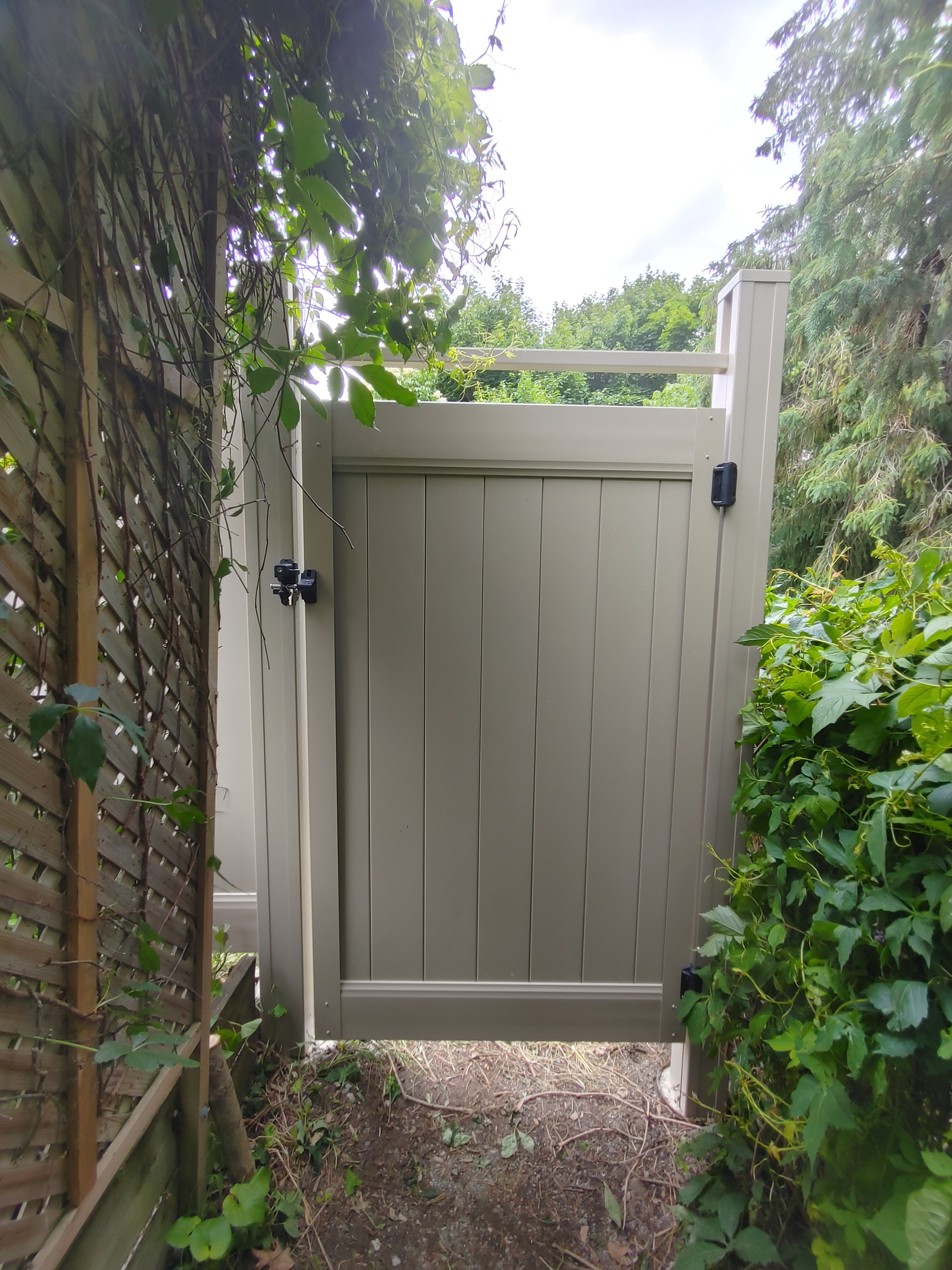 PVC Vinyl Fence with Gate, Vertical Boards, Adobe Color Fence Replacement