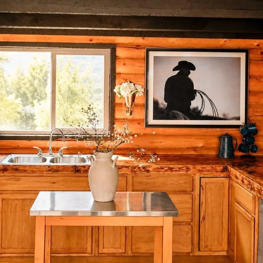A cozy kitchen with wood-paneled walls, a window with greenery outside, a double sink, a vase with branches and flowers on a small table, a framed black and white poster of a cowboy, and various kitchenware on the counters.