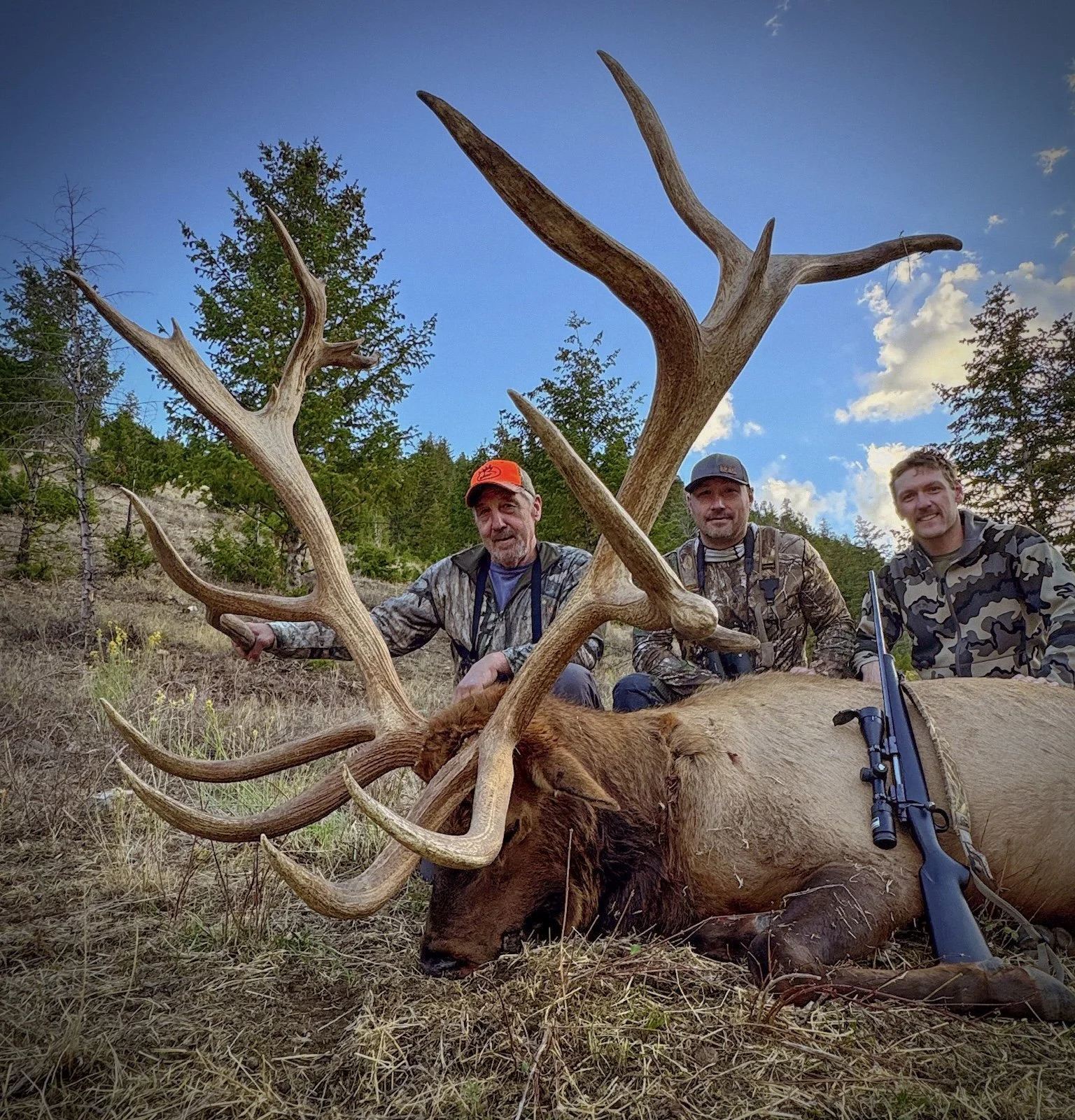 Three men in camouflage clothing kneel next to a large, dead elk with impressive antlers in a forest clearing, with a rifle resting on the elk's body and a blue sky with some clouds overhead.
