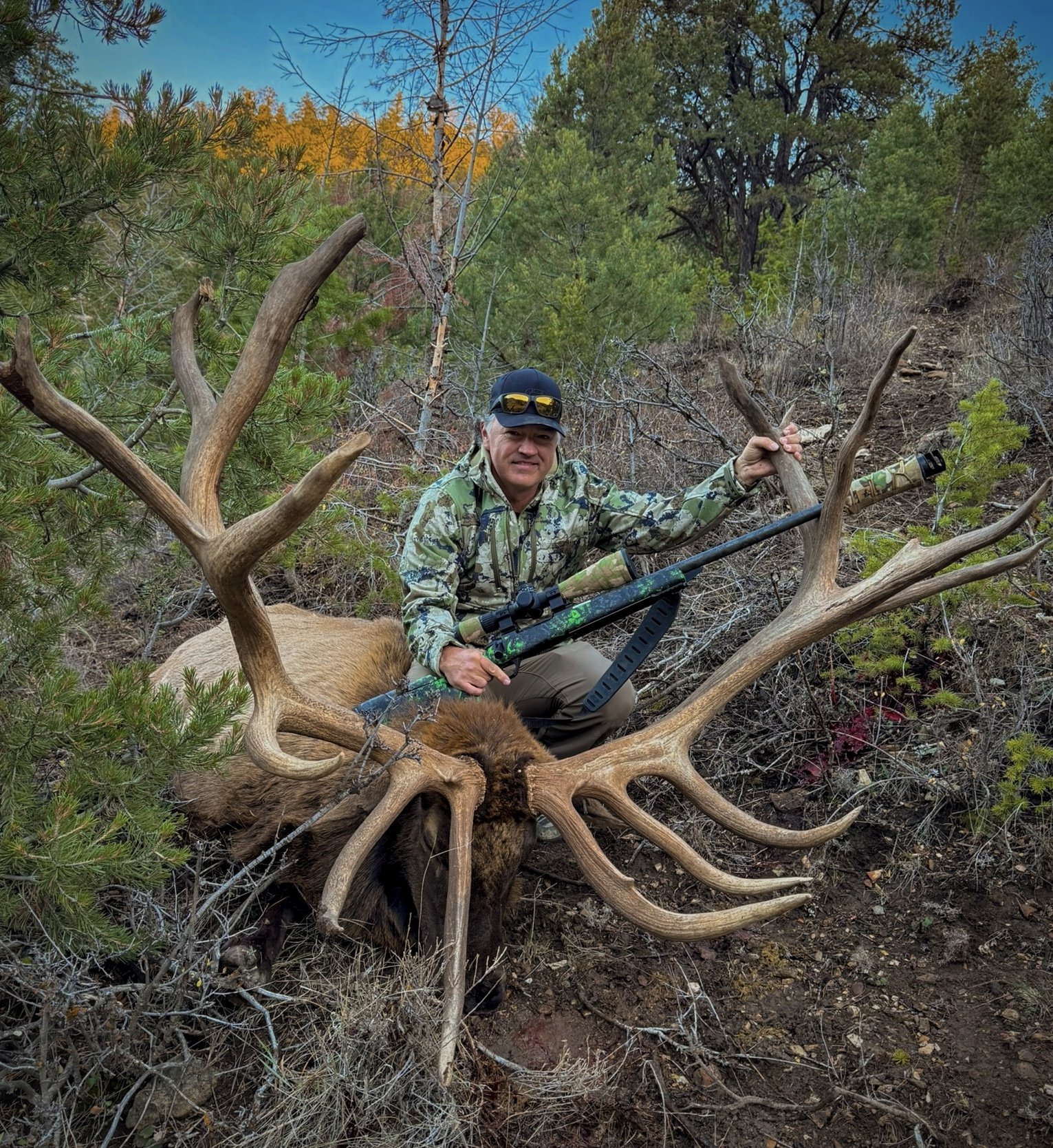 A man in camouflage clothing sitting behind a large elk with impressive antlers in a forested area, holding a rifle.