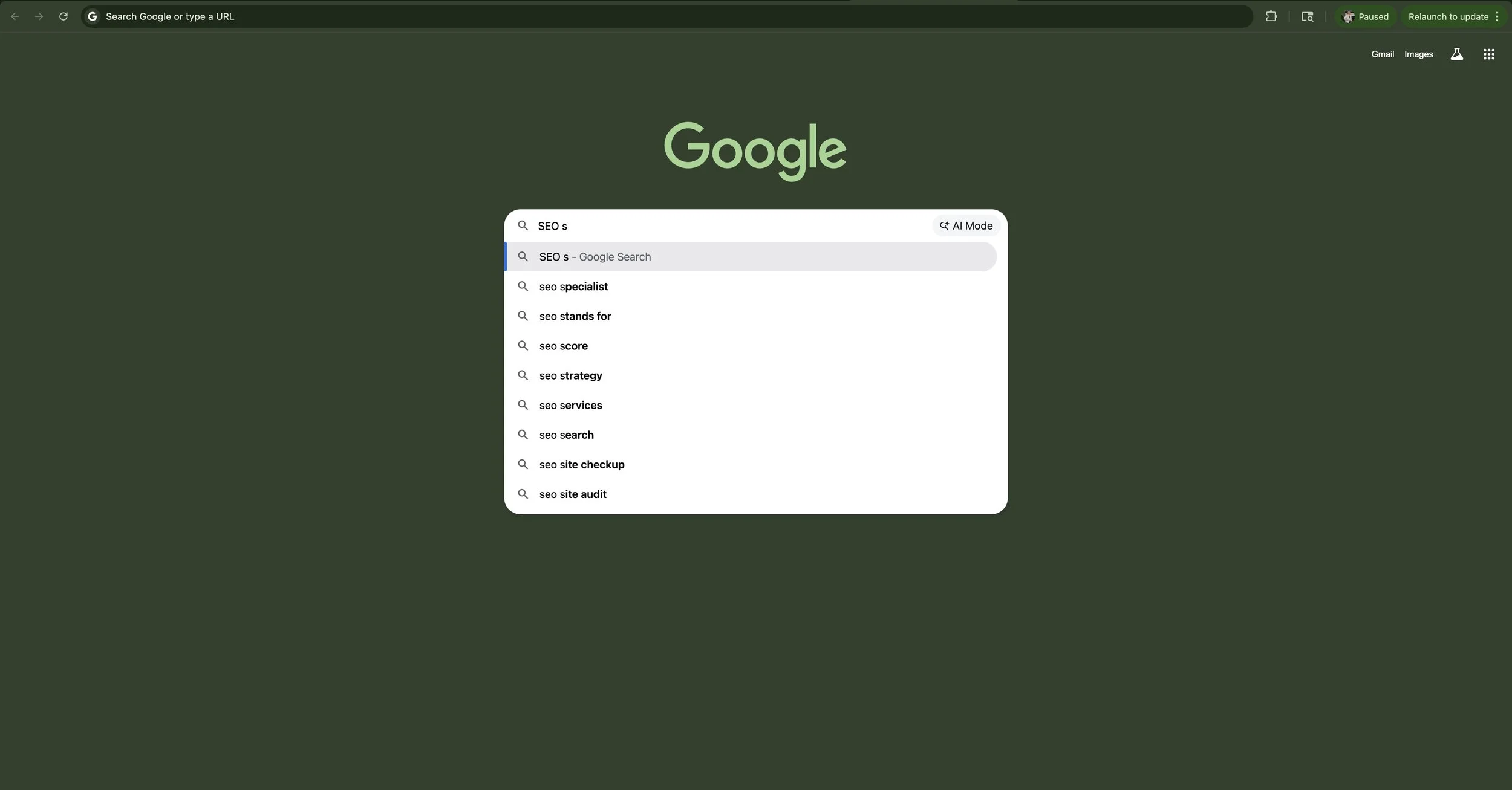 Screenshot of Google search bar being used to find SEO Keywords.