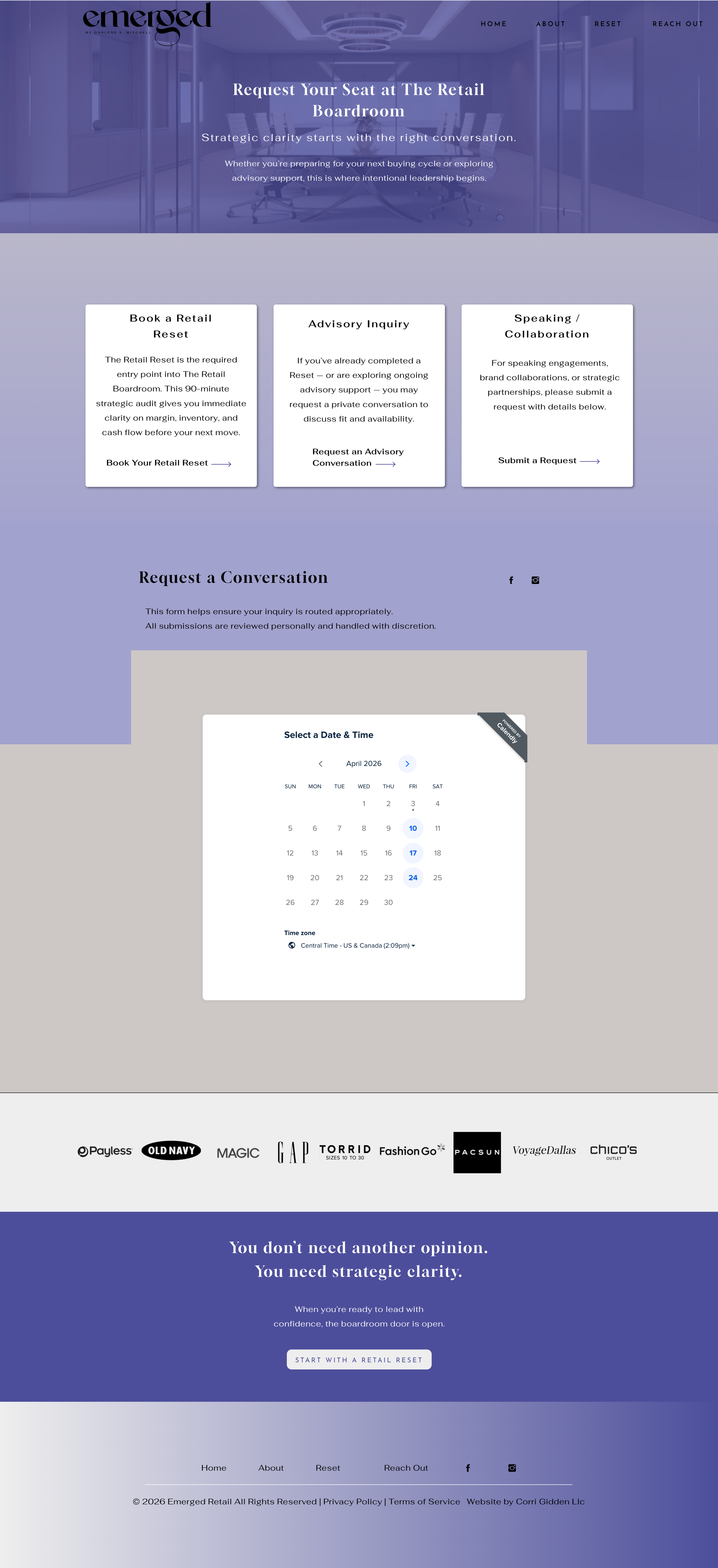 screenshot of contact page of emerged retail website