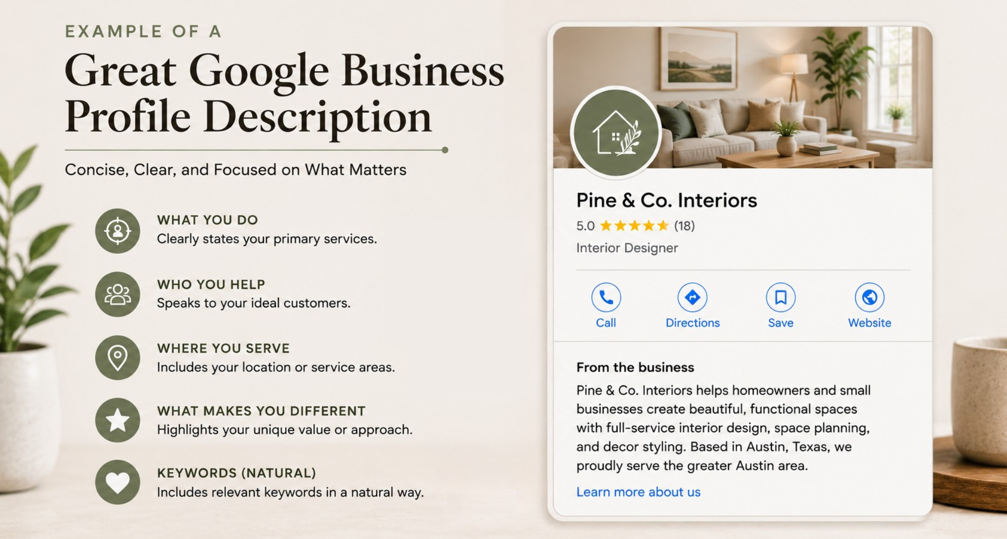 image of an example Google Business Profile description as an inlayed image off the center of the image and text beside it explaining how it is a good GBP description.