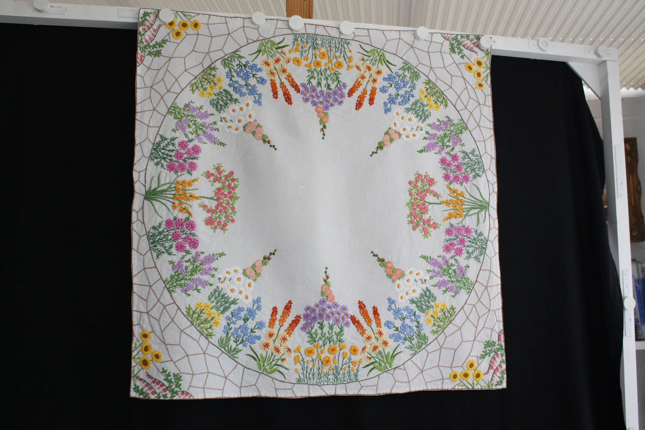 Hand Embroidered Flowery Vintage Tablecloth Multicoloured