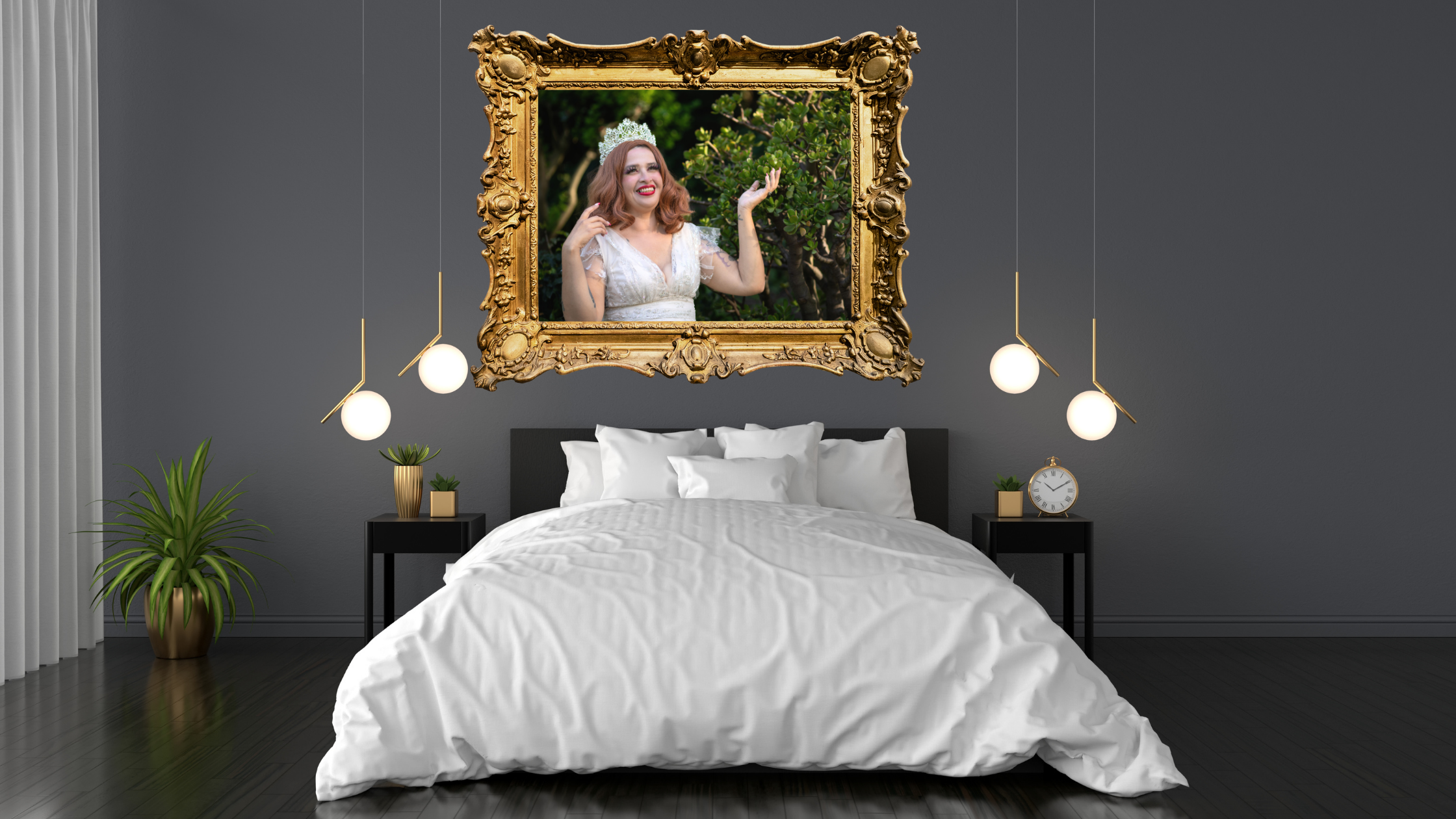 Cosplay woman as queen outdoors room mockup of bedroom and artwork in gold frame. Victorville fantasy photographer in high desert, southern california.