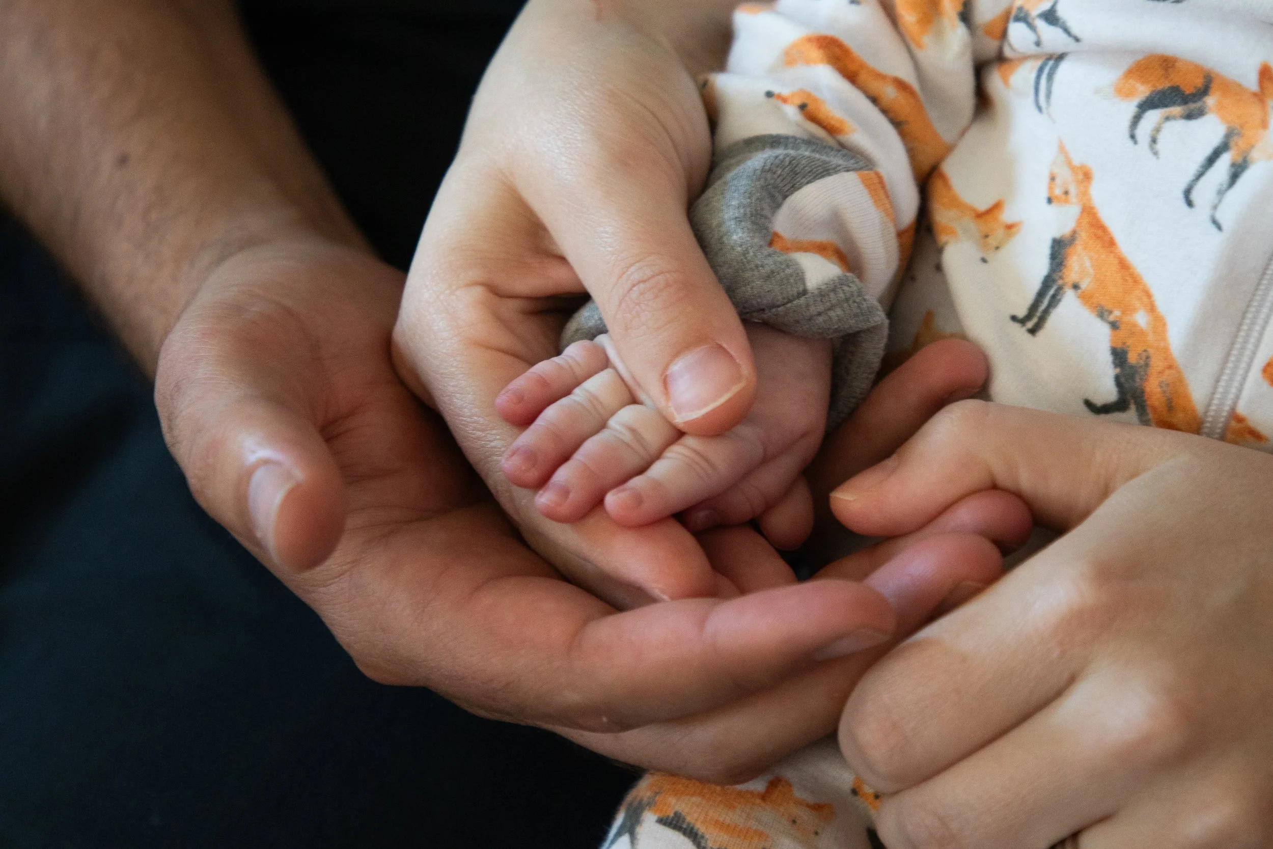Mom, dad, and baby, holding hands at in home newborn session. Family photographer in the High Desert.