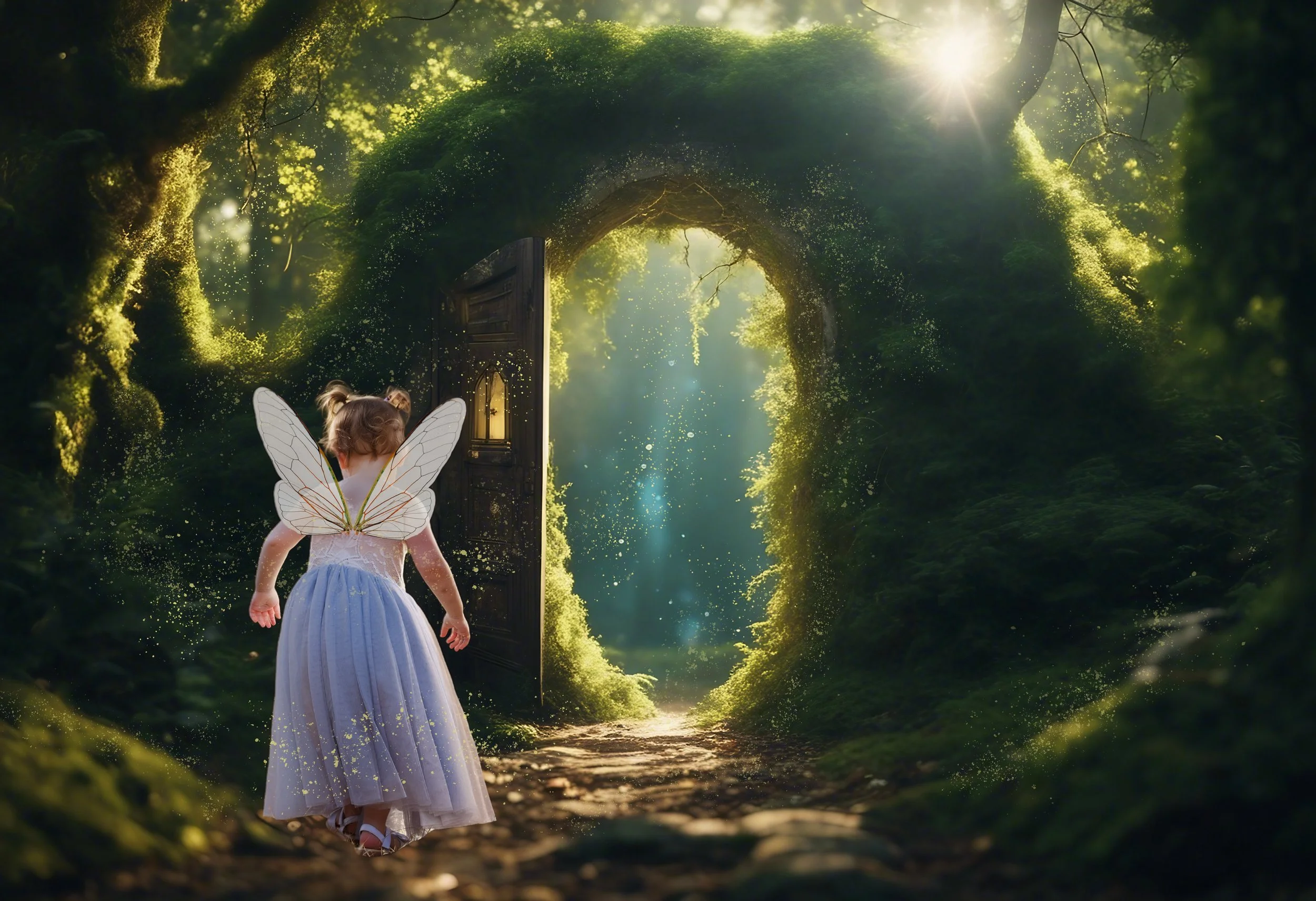 Little girl dressed as a fairy walking through a magical doorway in an enchanted forest. Playful family photographer in the high desert.