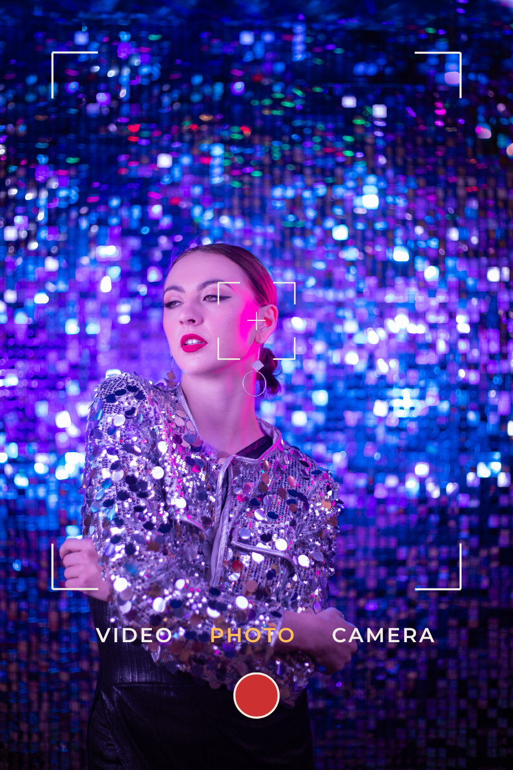 woman dressed in sequin top with a sequin background with a photo overlay on top by high desert photgrapher.