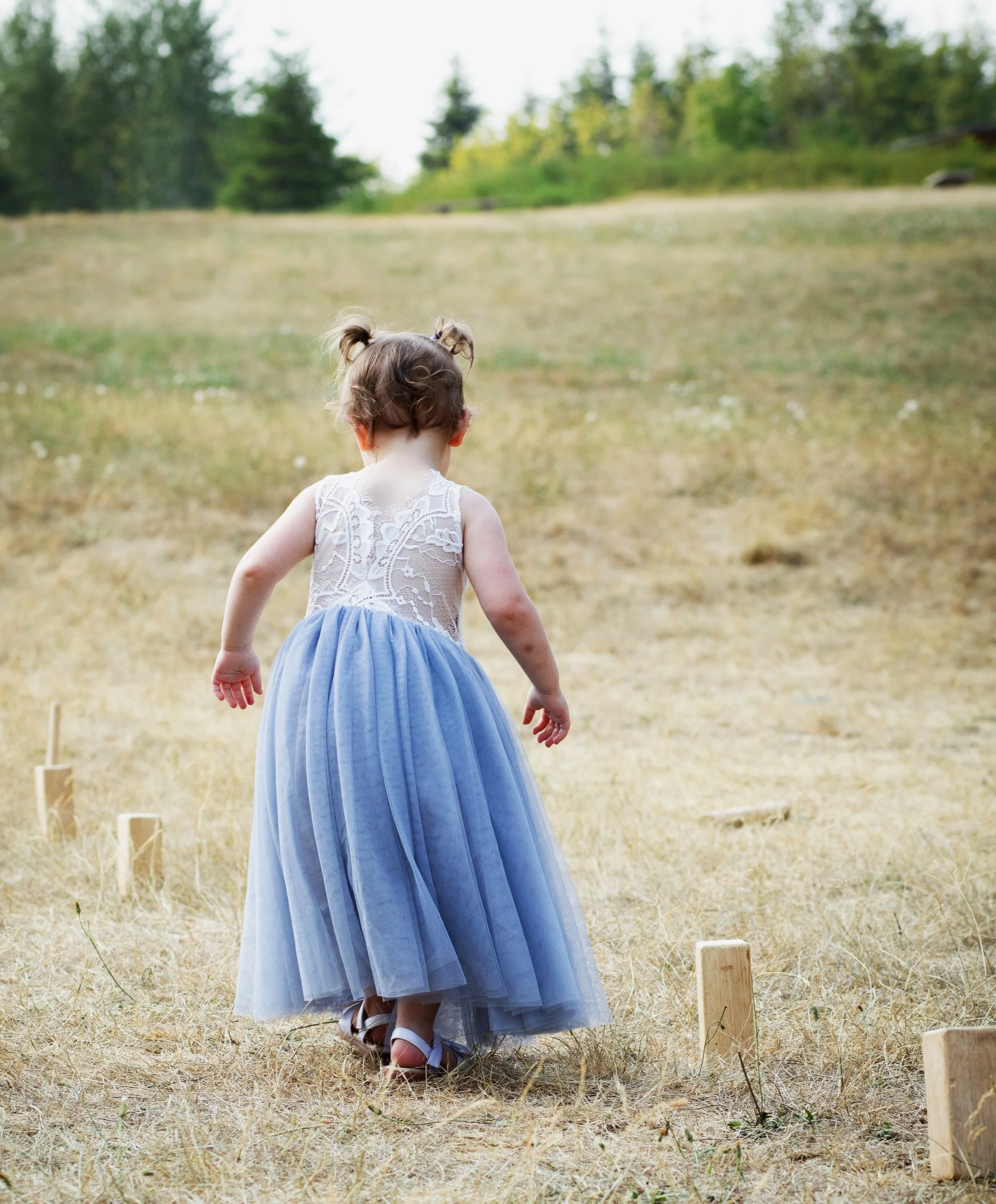 Little girl wearing a pretty dress walking through the grass in an open park during family photos in the high desert, ca.