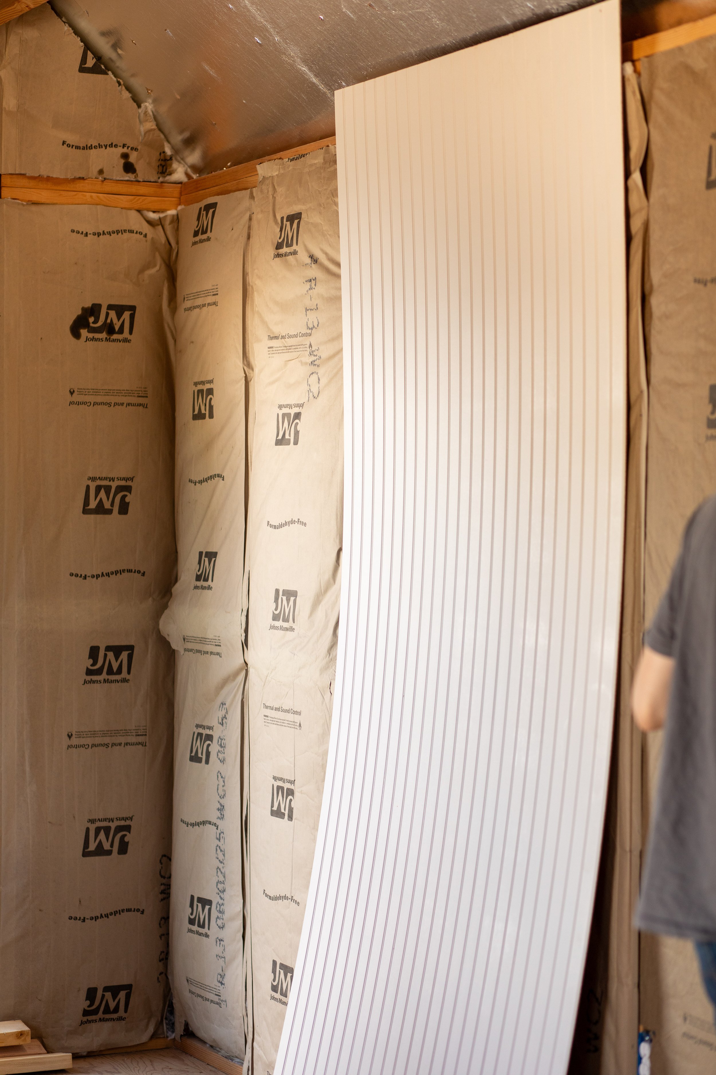 Wood paneling for interior of DIY shed transformation.