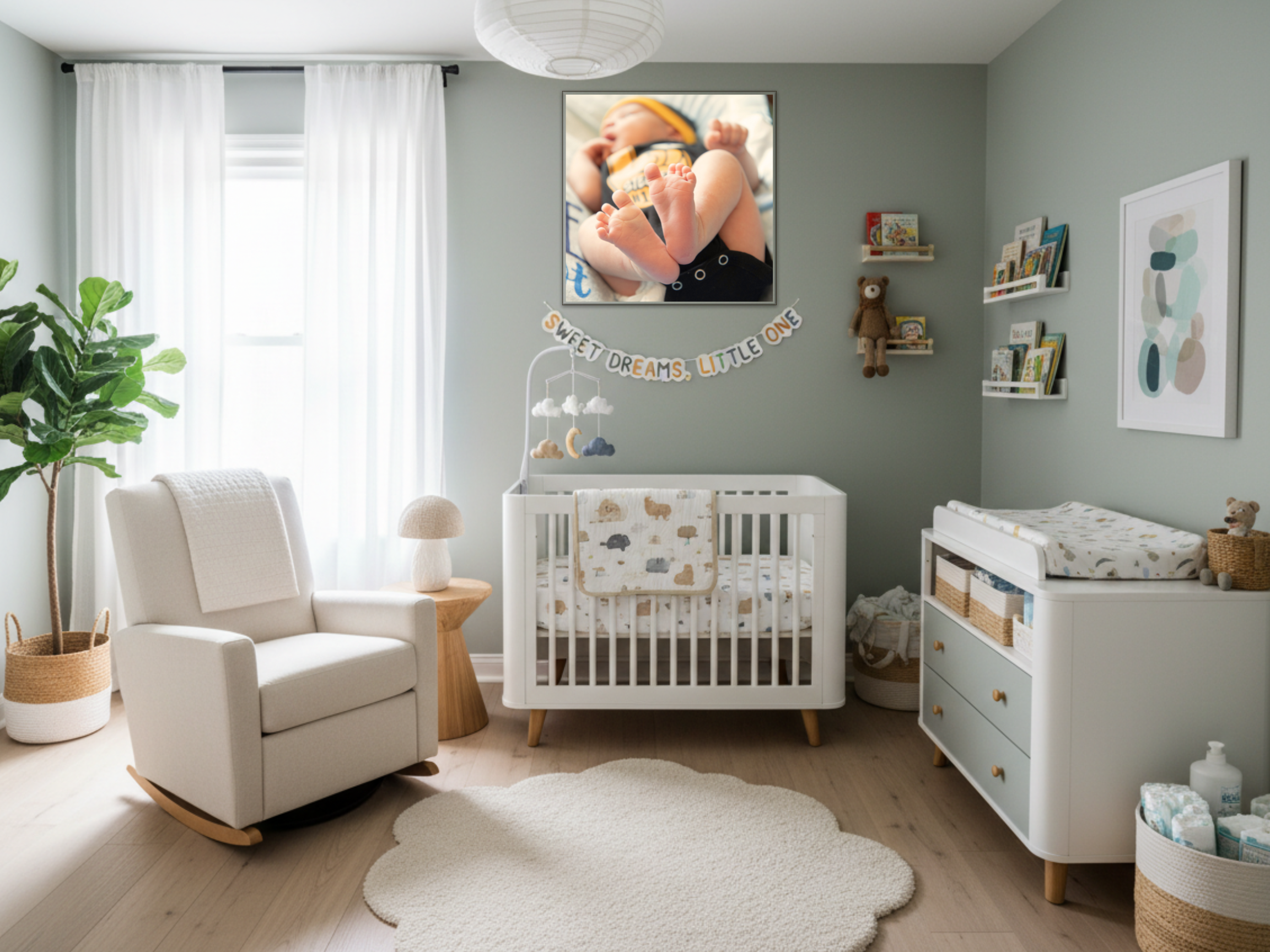Baby boy room with large portrait of newborn on the wall. Photo by high desert playful family photographer in the high desert, Annette Maire.