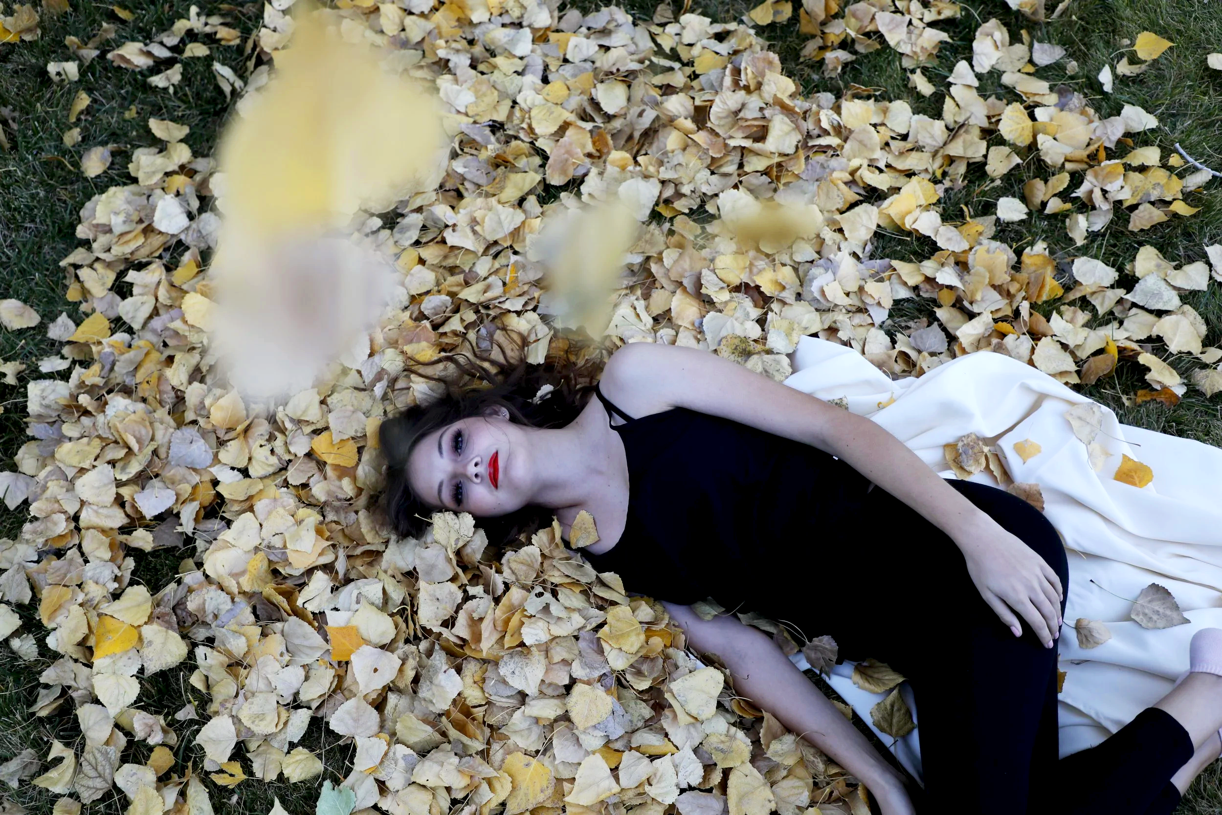 Annette marie photography for fantasy portraits in the high desert and inland empire. Woman wearing black laying in leaves, with leaves blowing around.