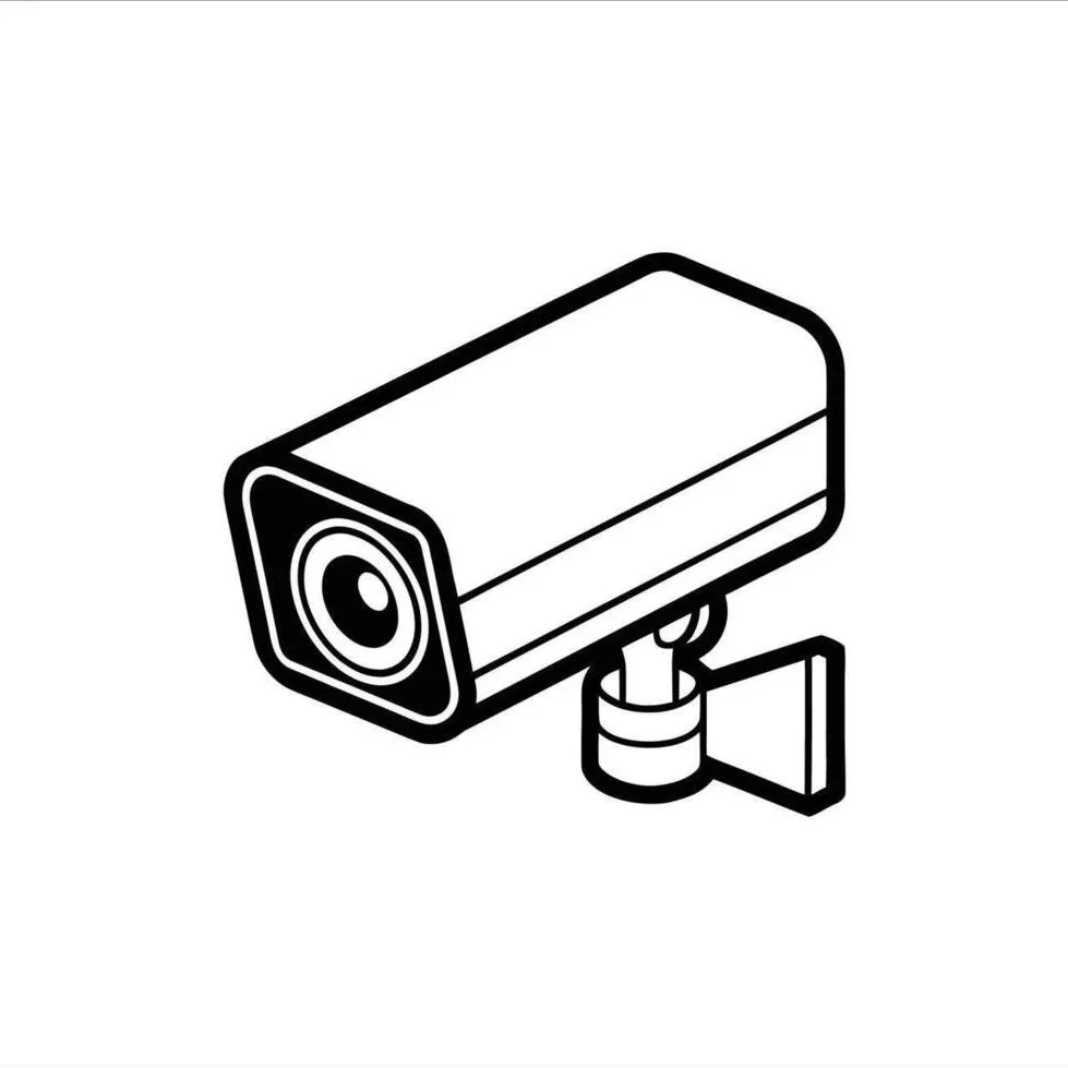Line drawing of a security camera with a rectangular body and a lens, mounted on a bracket.