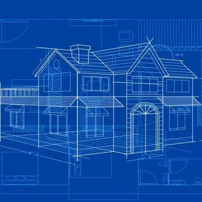 Architectural blueprint of a house showing detailed floor plans, elevations, and measurements in white lines on a blue background.