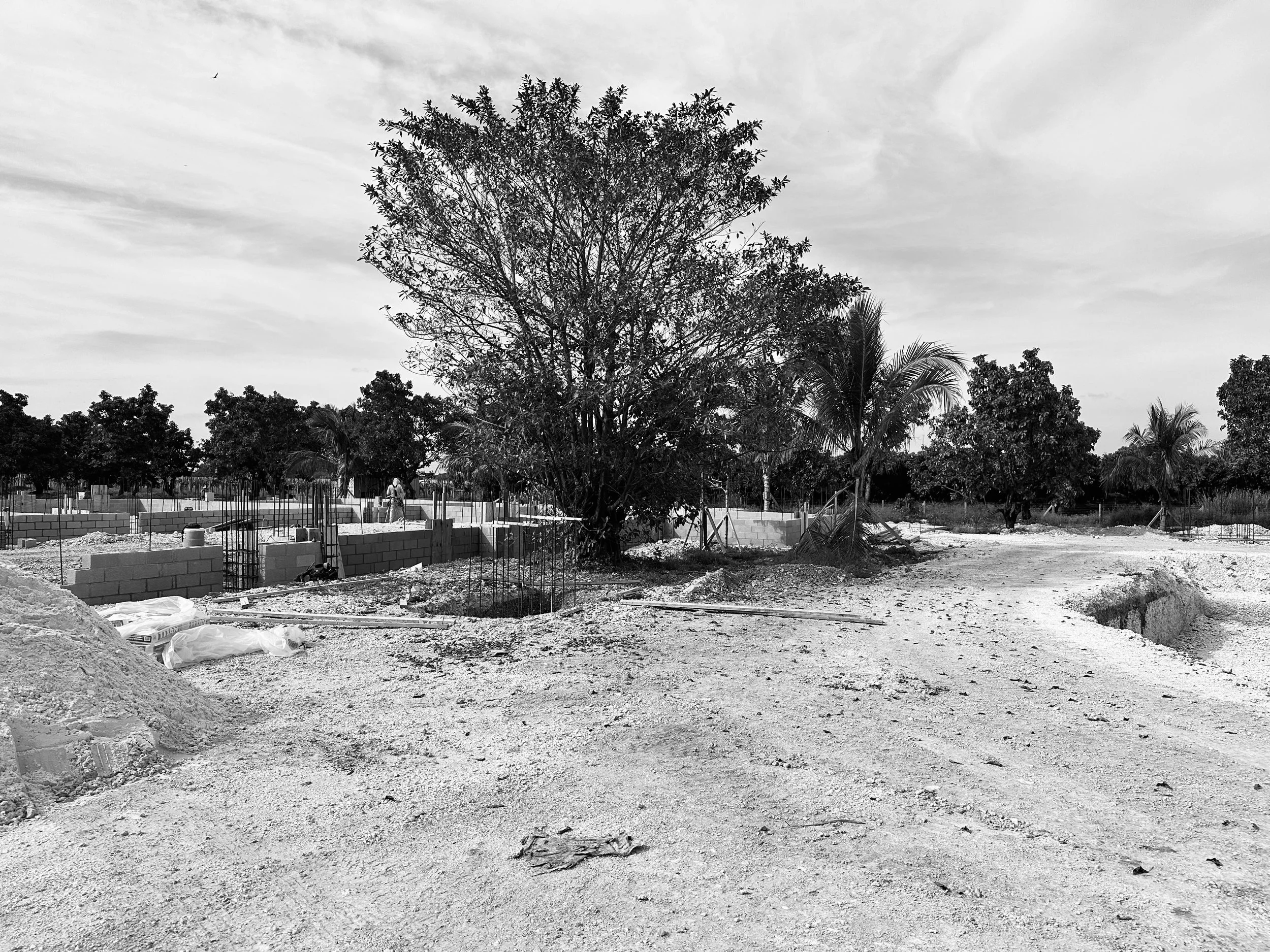 Construction site with unfinished brick walls, piles of sand, a large tree, and several smaller trees in the background, under a cloudy sky.