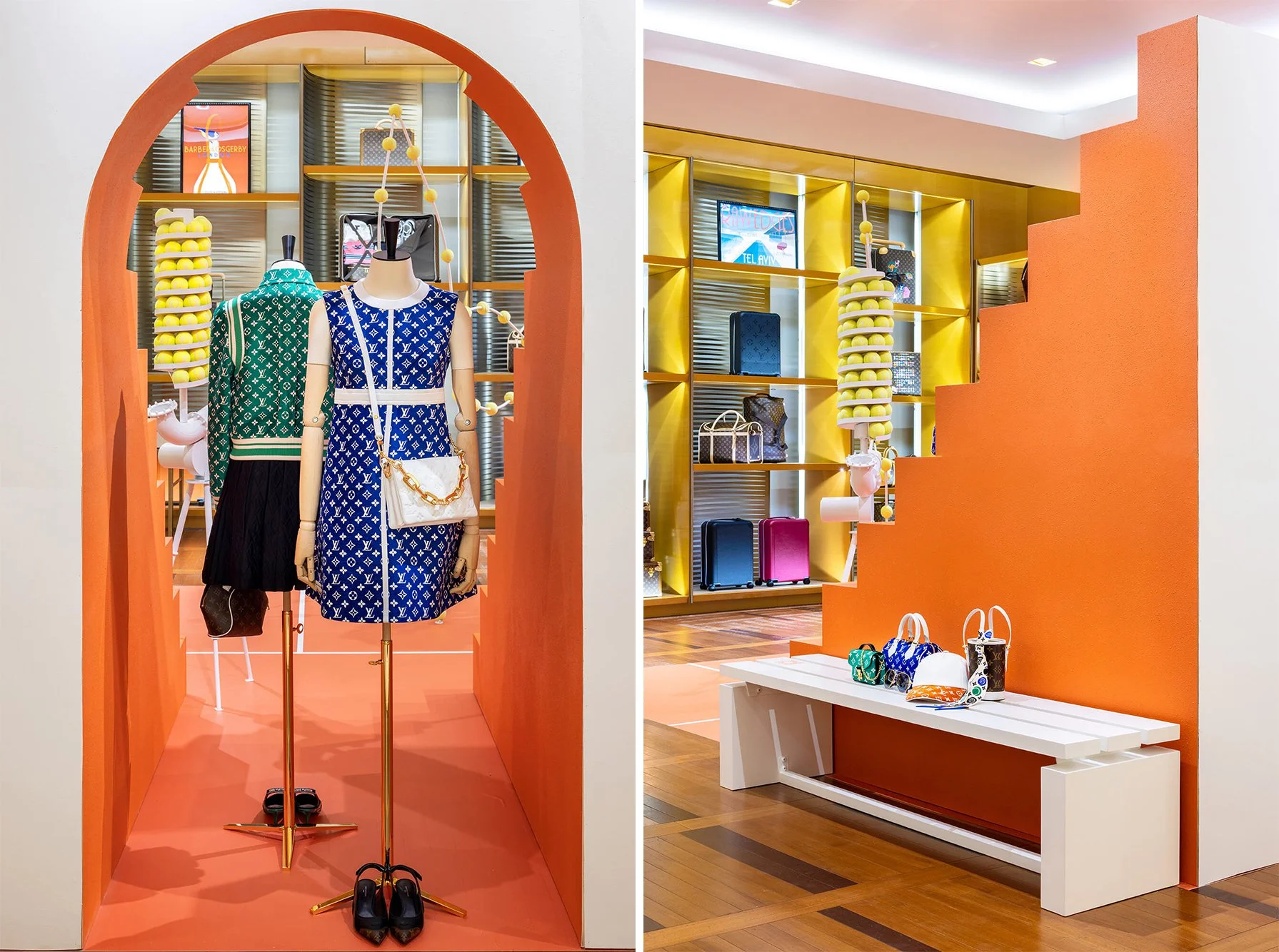 Close-up of mannequins dressed in Louis Vuitton outfits framed by an orange archway in a tennis-themed display. White display bench with Louis Vuitton handbags against an orange stair-like backdrop at The Galleria pop-in.
