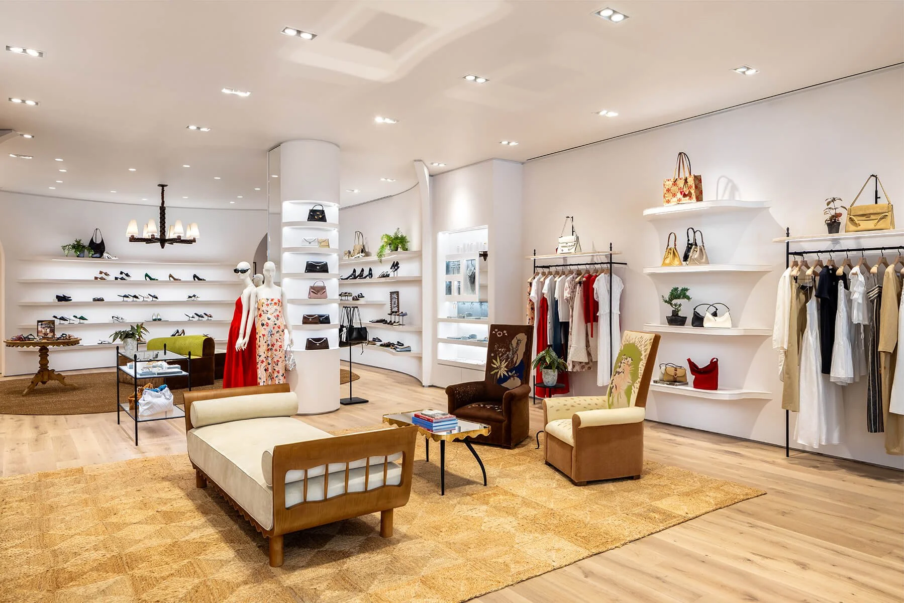 Ready to wear and handbag display at the Tory Burch Americana Manhasset store, with floral and red pieces on rails beside styled shelving

