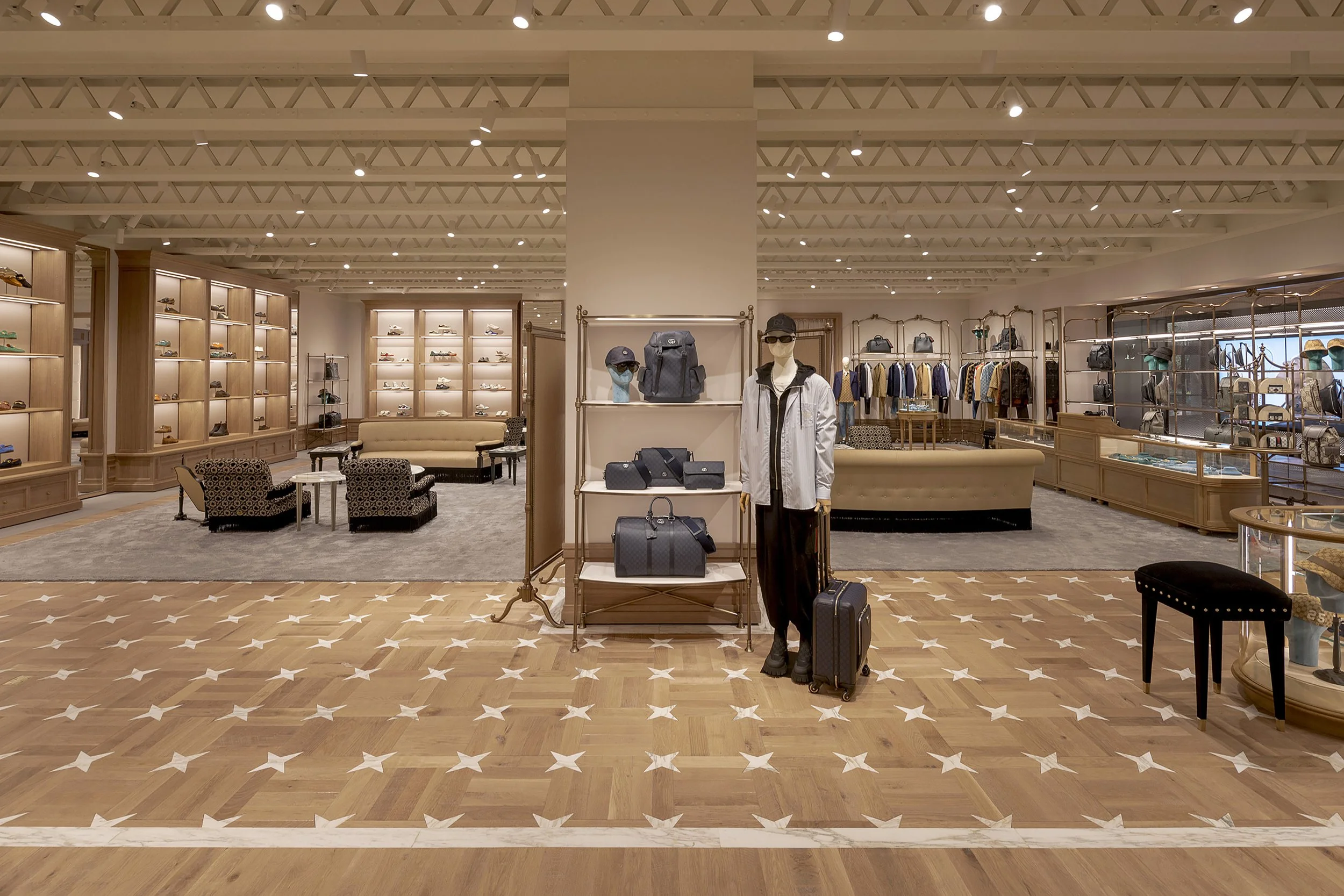 Luggage on display in this Gucci retail store. 