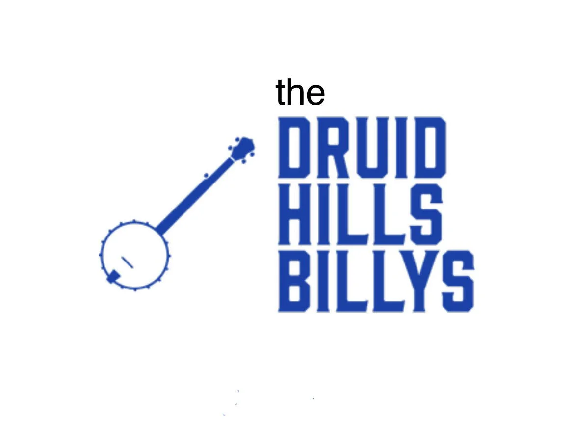 Logo featuring a clock with an elongated hand, and text that reads 'the Druid Hills Billys' in bold blue letters.