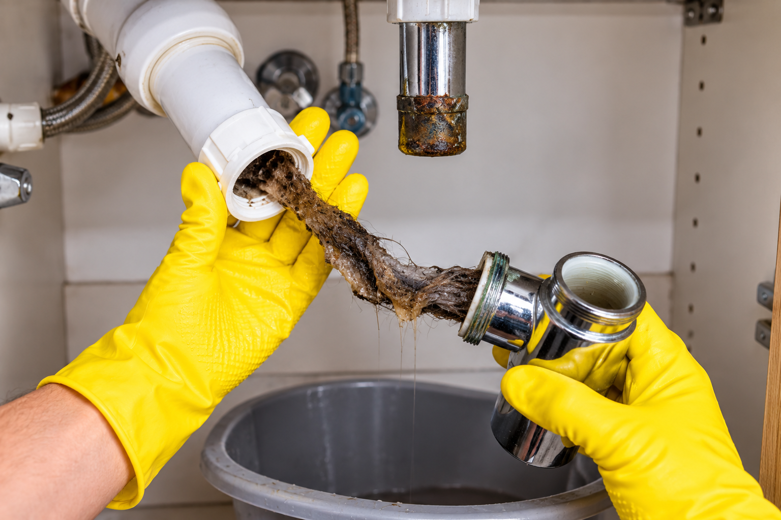 Plumber clearing a clogged residential drain in Orange County, California