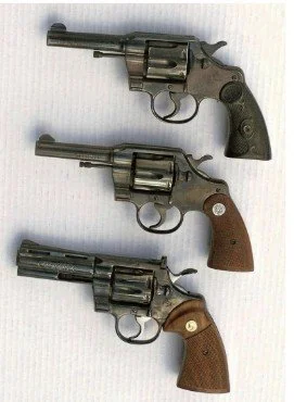 Colt Revolvers, 1908, 1927, and 1955, examples of revolvers popular among law enforcement in the early  and mid-twentieth century. Photo taken from  https://gunsmagazine.com/wheelgun-wednesday/the-colt-official-police/.