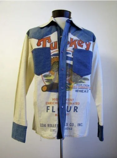A shirt made from a Lehi Roller Mills Turkey Red flour sack.