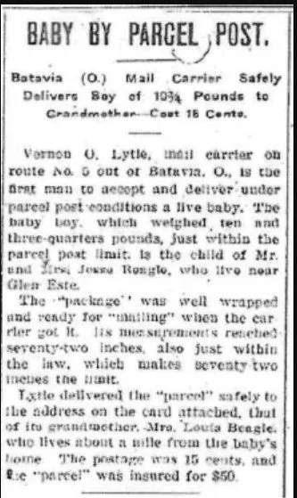 Unlabeled newspaper article about James Beagle, the first-known account of a child being sent through the mail.