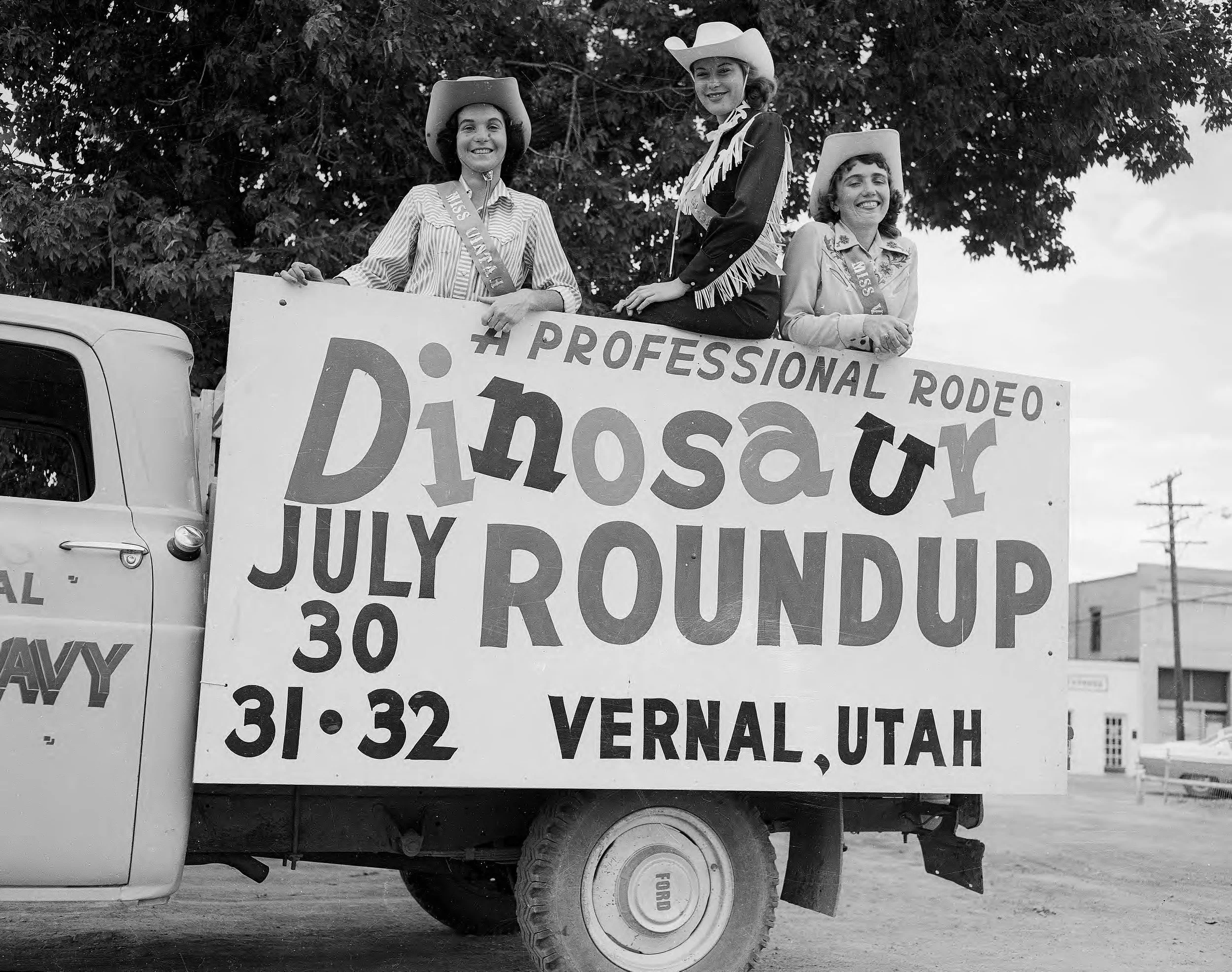 Reigning over Dinosaur Roundup Rodeo are Carolyn Hatch, Miss Uintah, Renee Martinsen, Queen, Elaine Jenkins, Miss Vernal, 1959. Courtesy of Uintah County Regional History Center