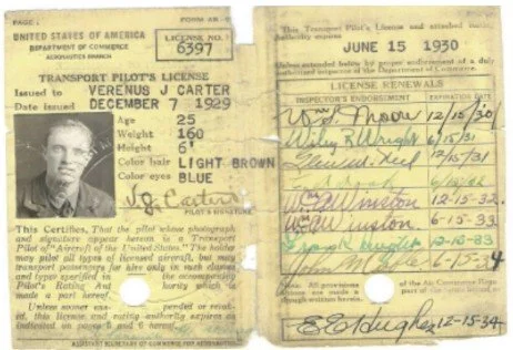 Vern Carter’s flying license, issued in 1929. Image taken from the Carters’ Utah Aviation Hall of Fame Nomination.Vern Carter’s flying license, issued in 1929. Image taken from the Carters’ Utah Aviation Hall of Fame Nomination.
