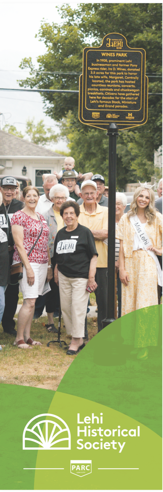 Members of the Lehi Historical Society Board and Miss Lehi, Analeigha Meek, at the Margaret Wines Park Historical Marker unveiling on 18 July 2024.