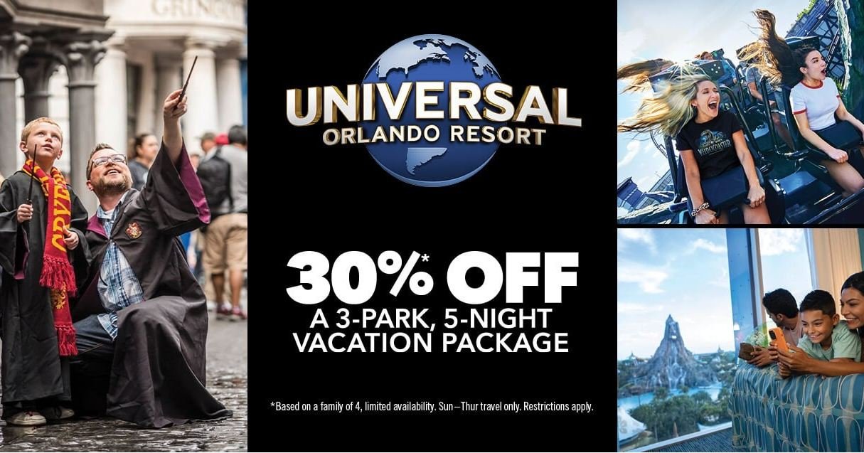 Save 30%* on a 3-Park, 5-Night Hotel + Ticket Package

Experience all the amazing thrills Universal Orlando Resort's three incredible theme parks have to offer and save big!

🛌 5-Night Hotel Accommodations at Universal&rsquo;s Cabana Bay Beach Resor