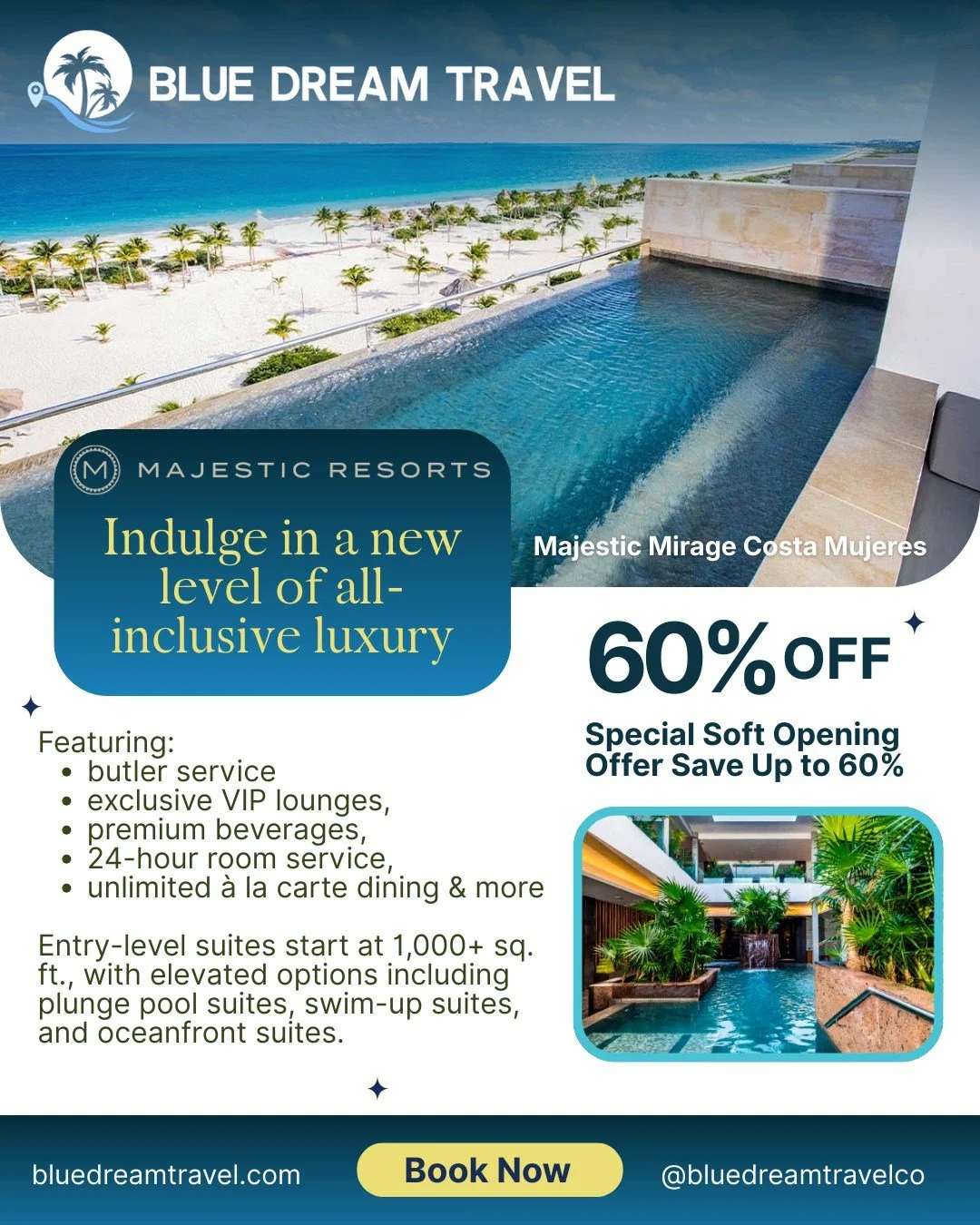 🔥 PRE-OPENING DEAL: Up to 65% Off!
The Majestic Mirage Costa Mujeres is opening January 15 &mdash; and you can lock in massive savings right now.

✔️ All-Suite, All-Club luxury
✔️ Butler service, VIP lounges, premium cocktails
✔️ 1,000+ sq. ft. suit